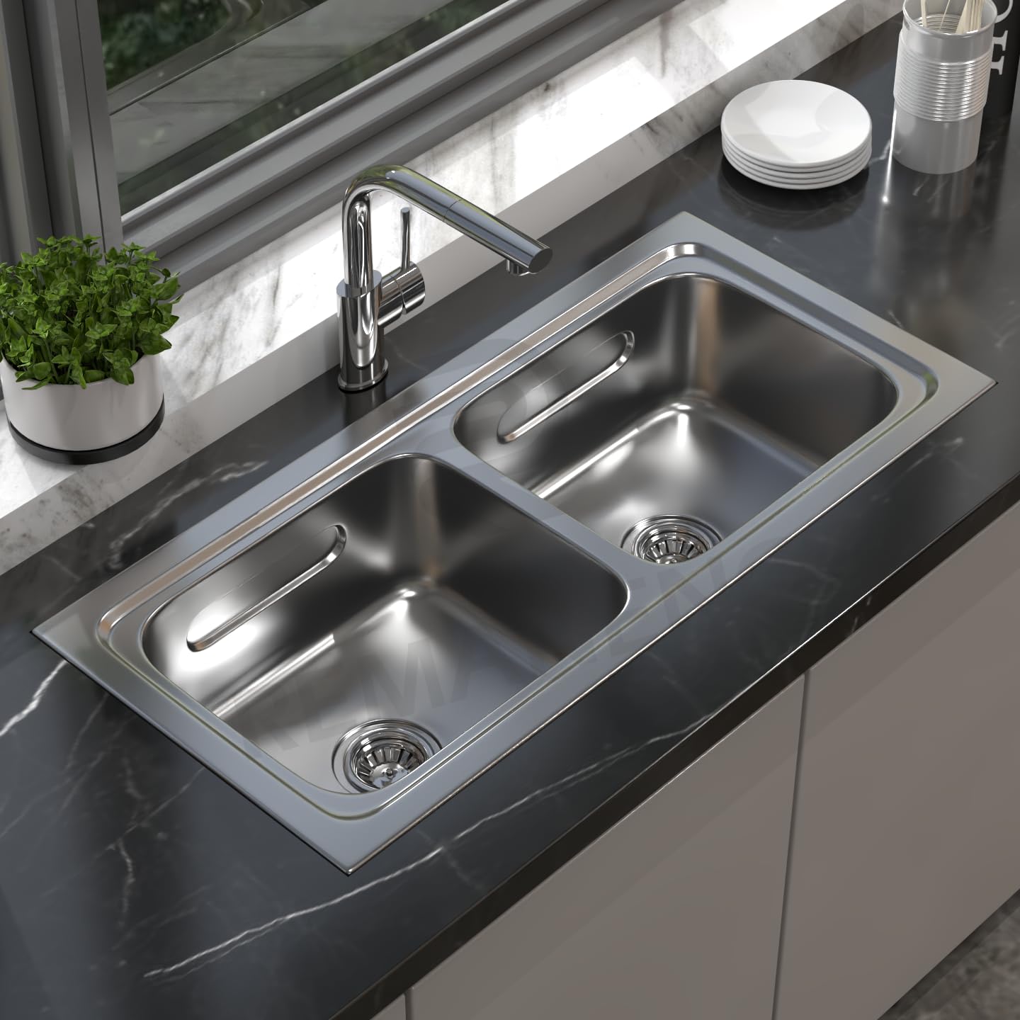 REMANENCE 304 Grade Stainless Steel Double Bowl Kitchen Sink (37 x 18 x 8 Inch) (Glossy)
