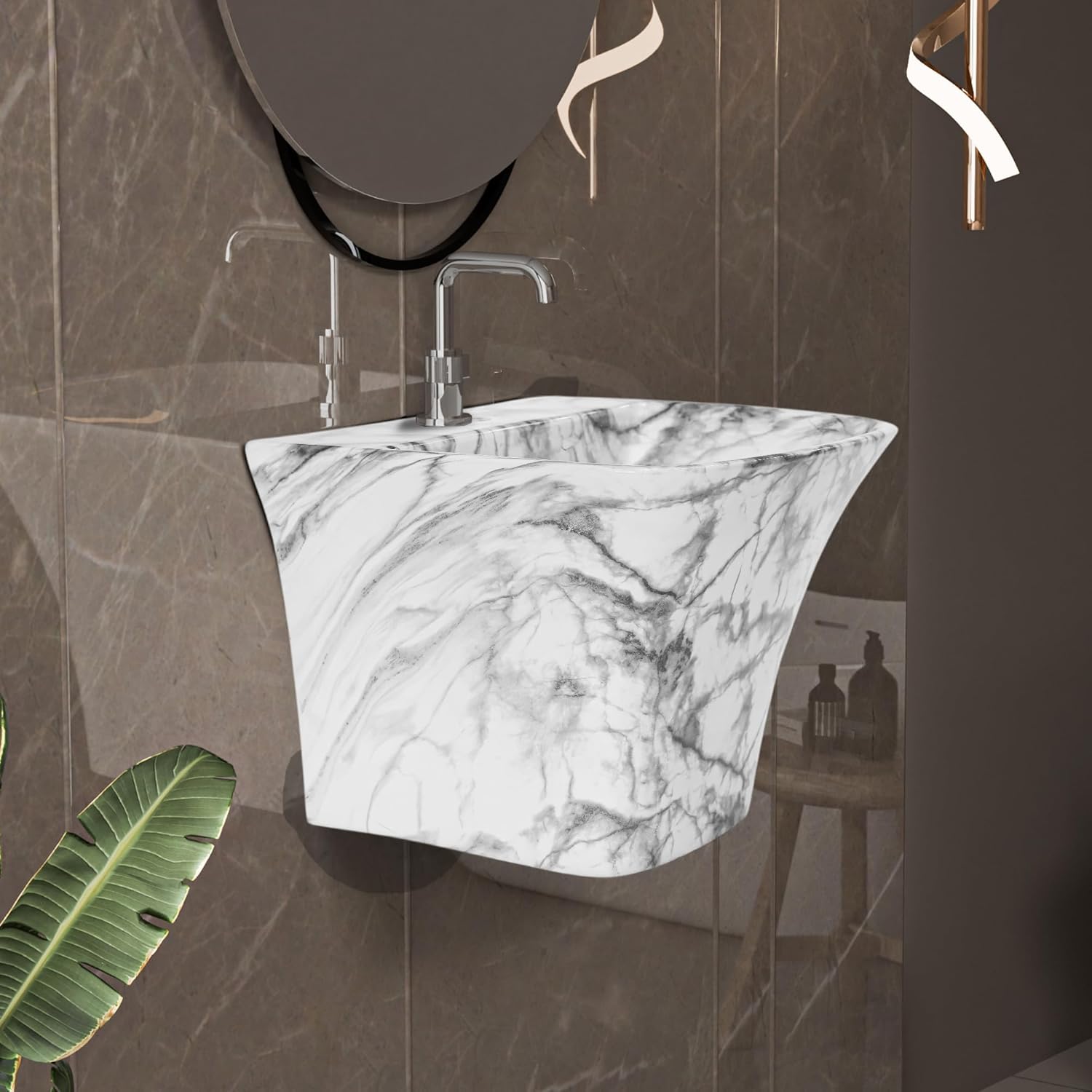 REMANENCE-RION Designer Wall Mount Half Pedestal Wash Basin for Bathroom, Restaurant, Hotels (White Black Stripe)