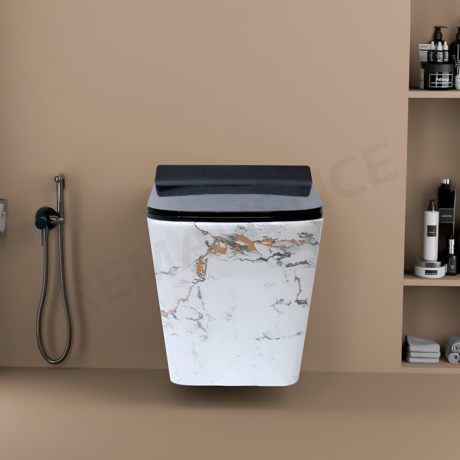 REMANENCE Ceramic Moroccan Design Wall Mount Commode with Soft Close Seat Cover (51 x 35 x 48 Centimeters)-IWH02