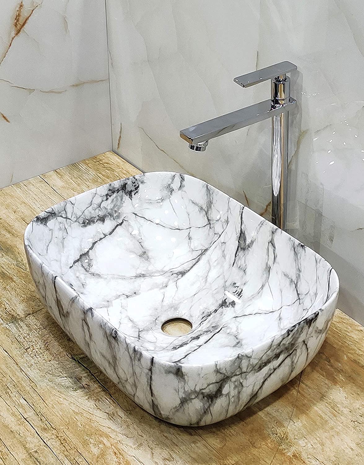 REMANENCE Designer Premium Table Top Wash Basin for Designer Showrooms, Fine-Dining Establishments, Upscale Hospitality Venues (18 x 13 x 5.5 Inch) (White Grey)