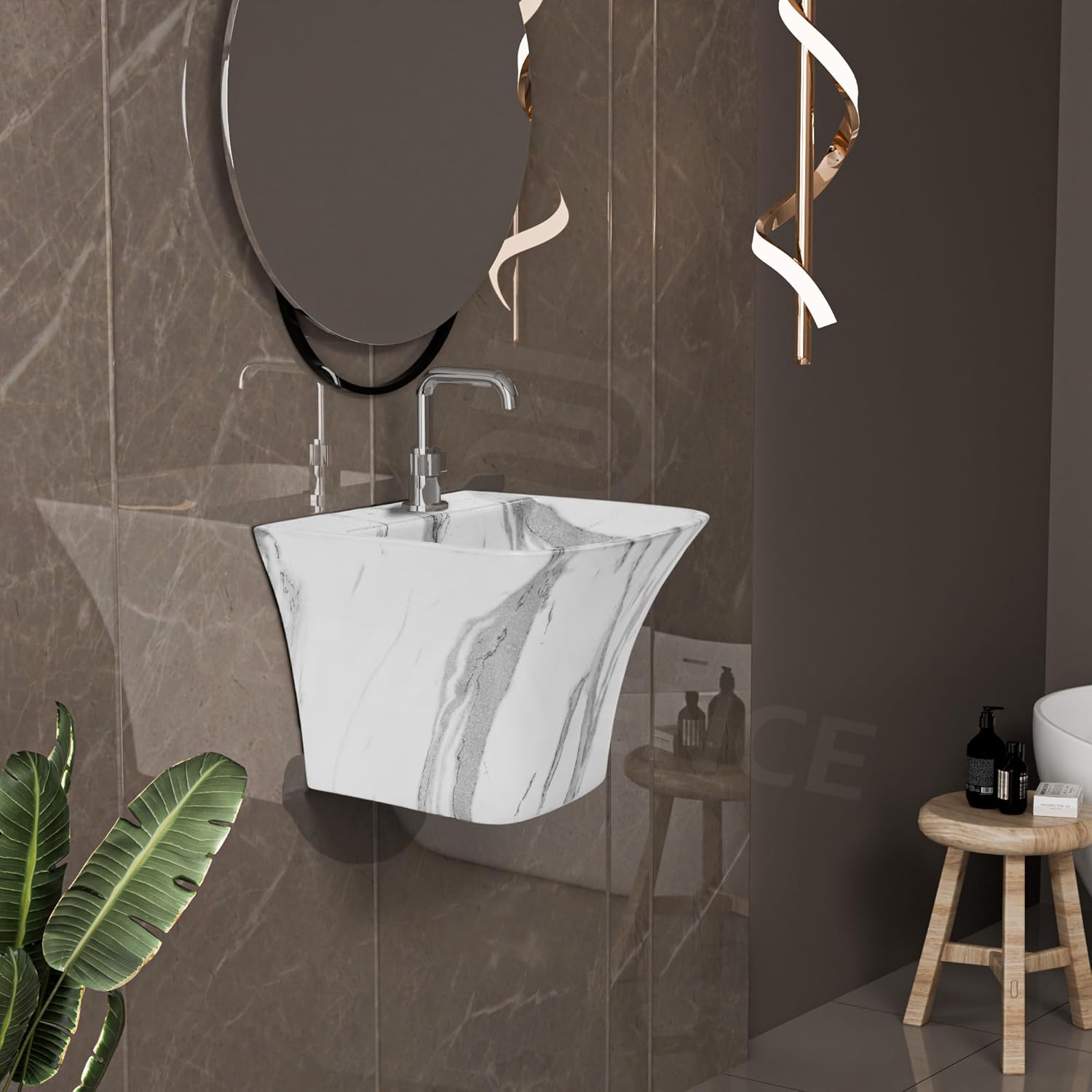 REMANENCE-RION Designer Wall Mount Half Pedestal Wash Basin for Bathroom, Restaurant, Hotels (Designer Grey)