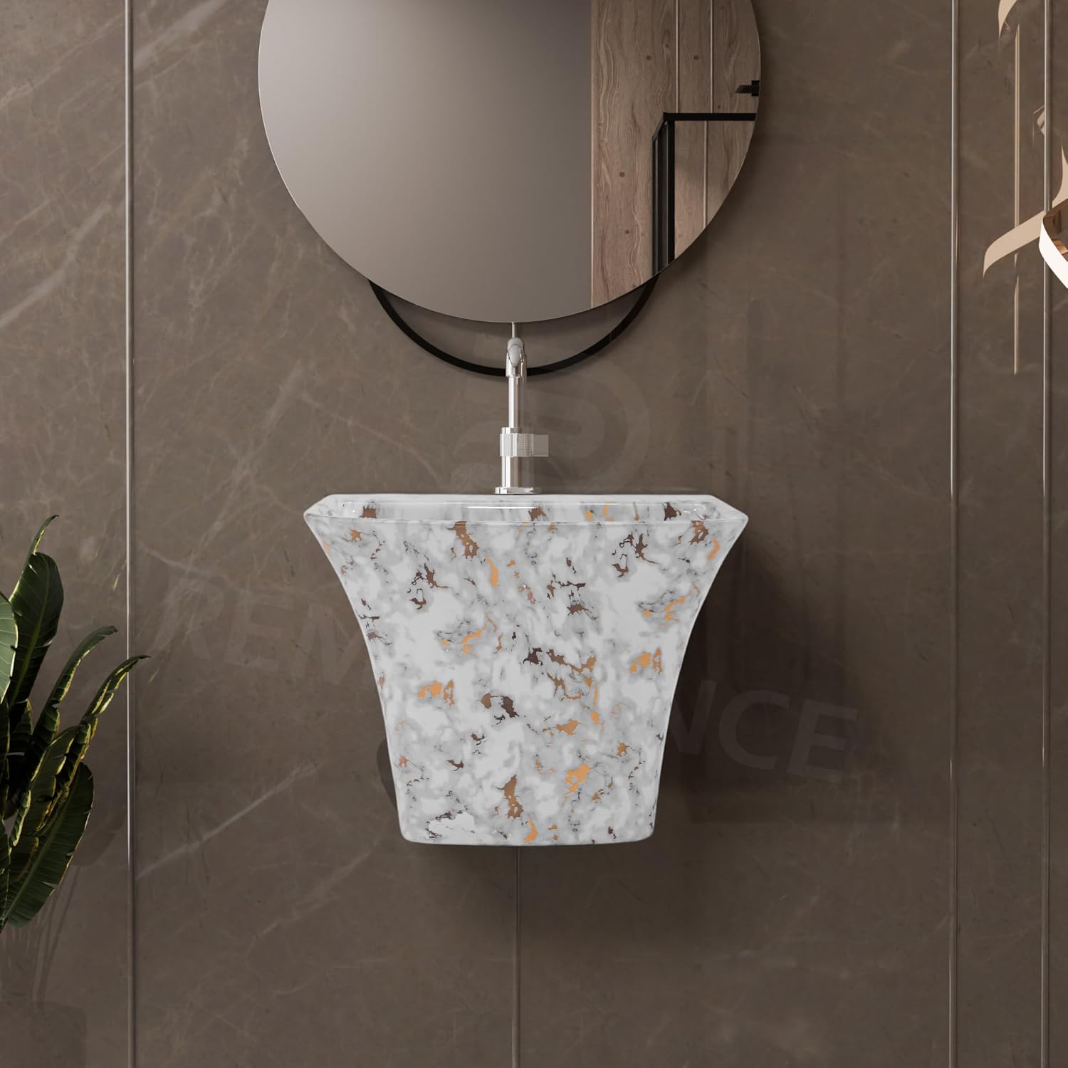 REMANENCE-RION Designer Wall Mount Half Pedestal Wash Basin for Bathroom, Restaurant, Hotels (White Gold Spot)