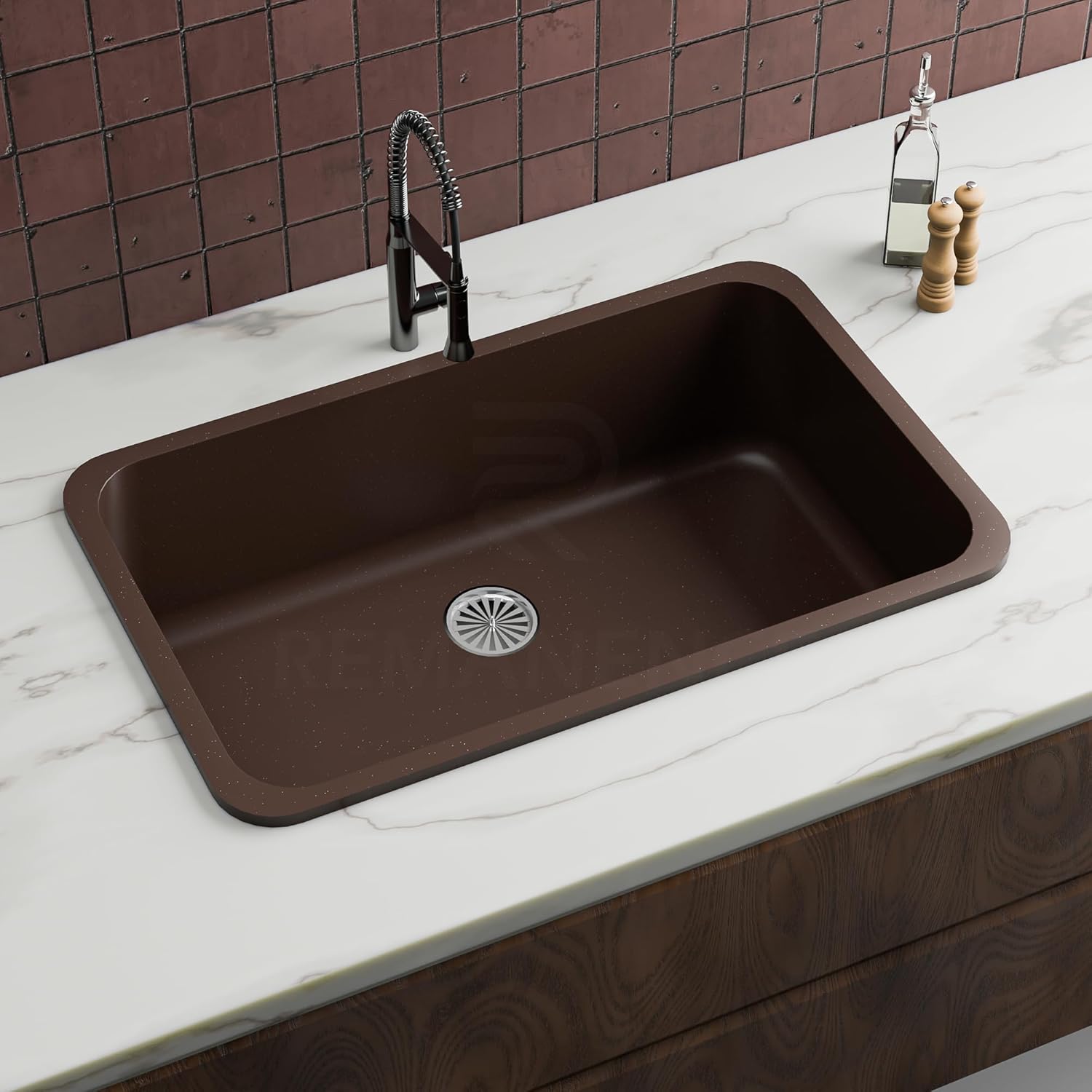 REMANENCE Granite Quartz Single Bowl Matte Finish Kitchen Sink With Drainer Basket (31 x 19 x 9 Inch) (Brown)