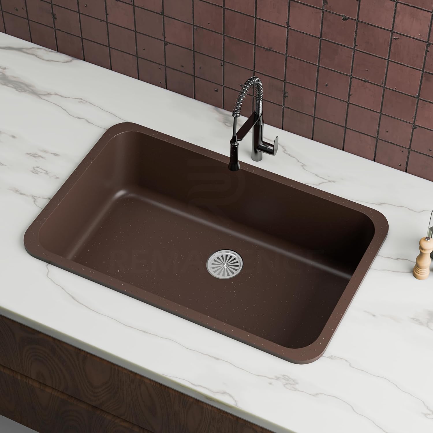 REMANENCE Granite Quartz Single Bowl Matte Finish Kitchen Sink With Drainer Basket (31 x 19 x 9 Inch) (Brown)