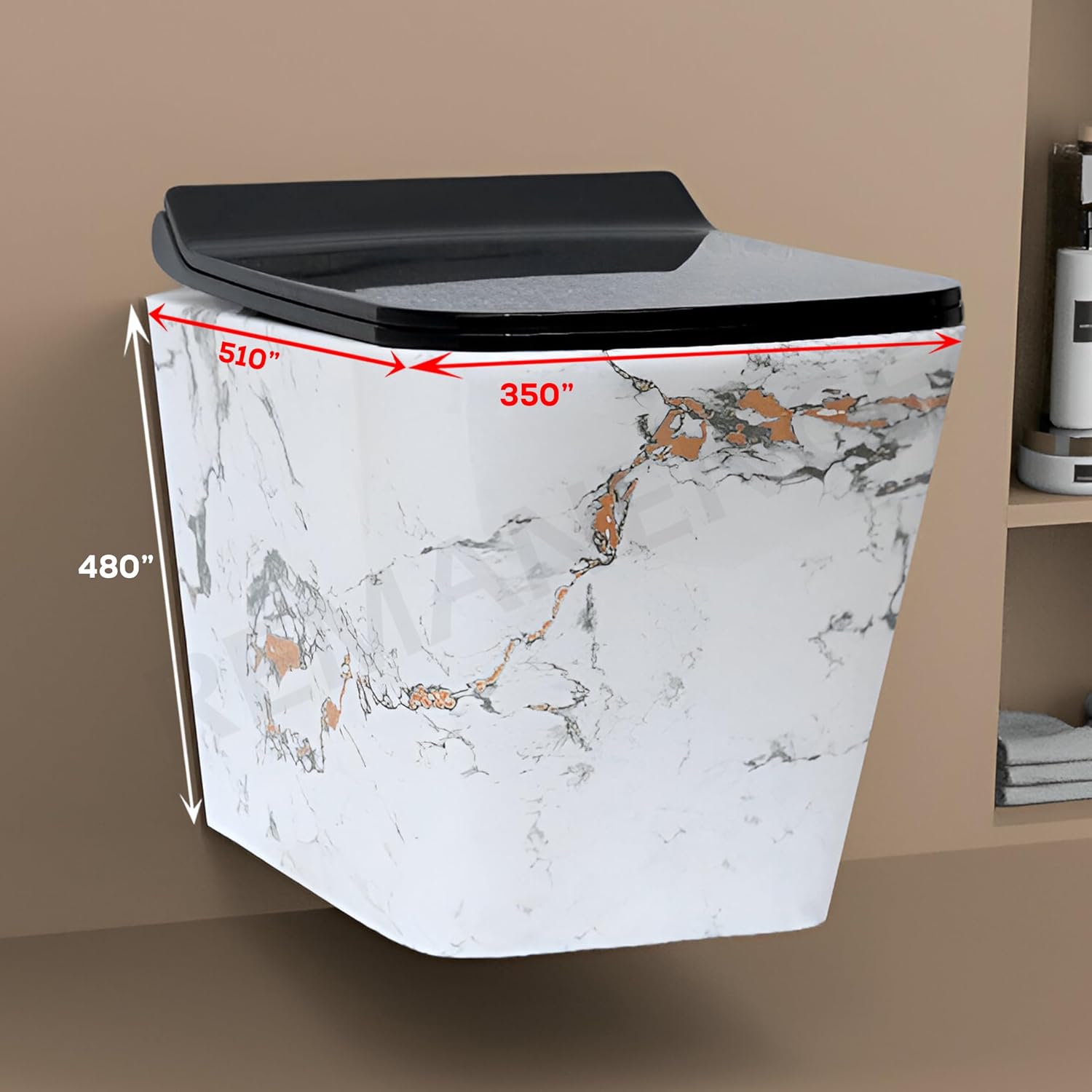 REMANENCE Ceramic Moroccan Design Wall Mount Commode with Soft Close Seat Cover (51 x 35 x 48 Centimeters)-IWH02