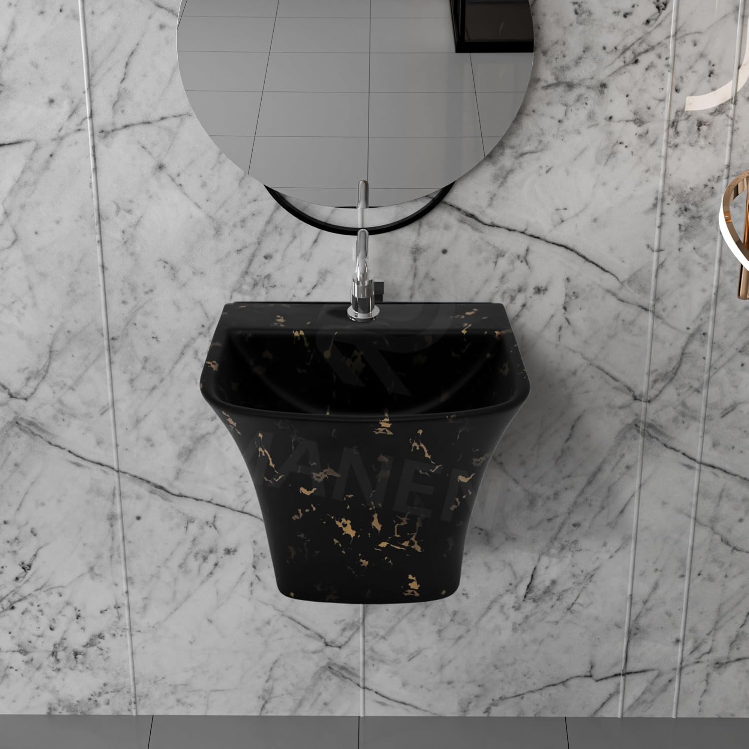REMANENCE-RION Designer Wall Mount Half Pedestal Wash Basin for Bathroom, Restaurant, Hotels (Black Gold Spot)