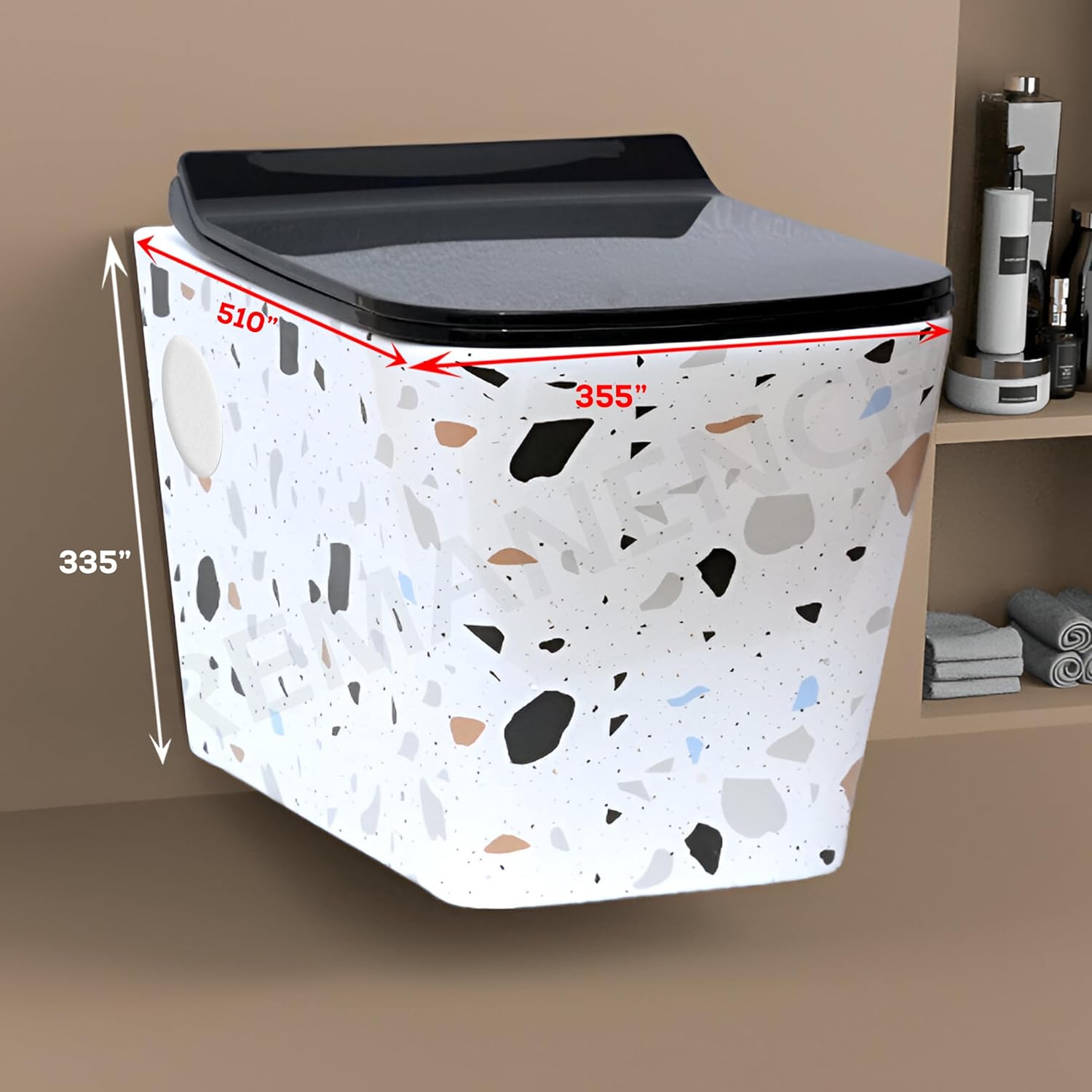 REMANENCE Ceramic Moroccan Design Wall Mount Commode with Soft Close Seat Cover (51D x 35.5W x 33.5H Centimeters)-RWH02