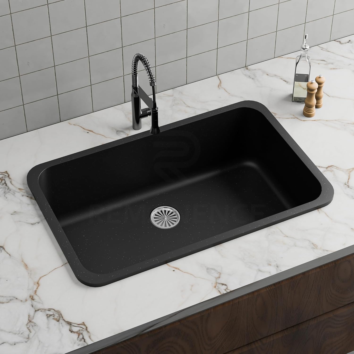 REMANENCE Granite Quartz Single Bowl Matte Finish Kitchen Sink With Drainer Basket (31 x 19 x 9 Inch) (Black)