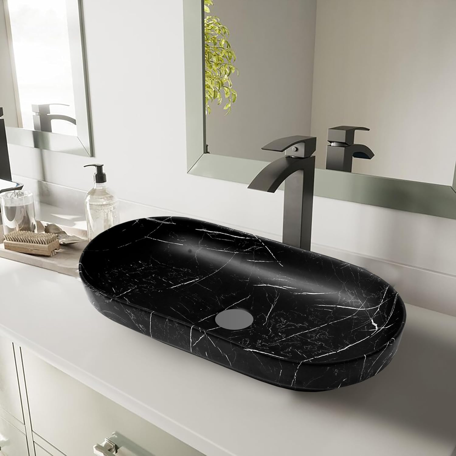 REMANENCE Premium Designer Countertop Wash Basin for Premium Restaurants & Cafés, Luxury Bathrooms, Boutique Hotels & Resorts (28 x 14 x 5.5 Inch) (Matt Black)