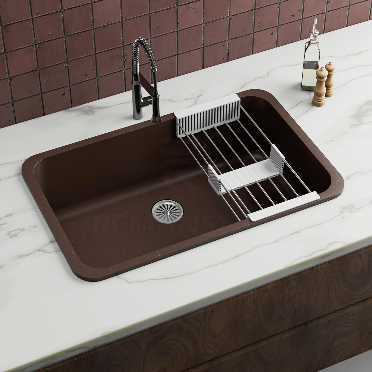 REMANENCE Granite Quartz Single Bowl Matte Finish Kitchen Sink With Drainer Basket (31 x 19 x 9 Inch) (Brown)