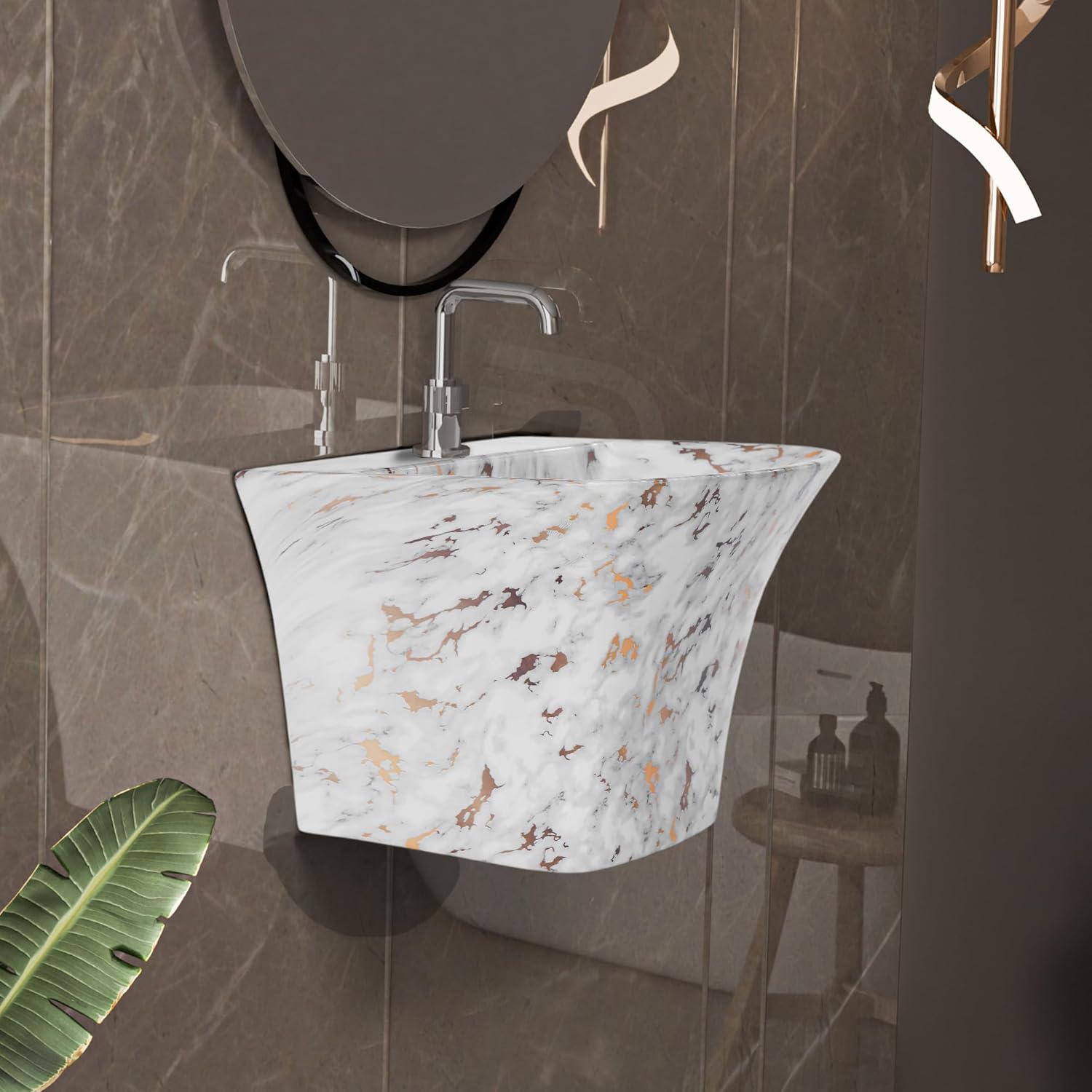 REMANENCE-RION Designer Wall Mount Half Pedestal Wash Basin for Bathroom, Restaurant, Hotels (White Gold Spot)