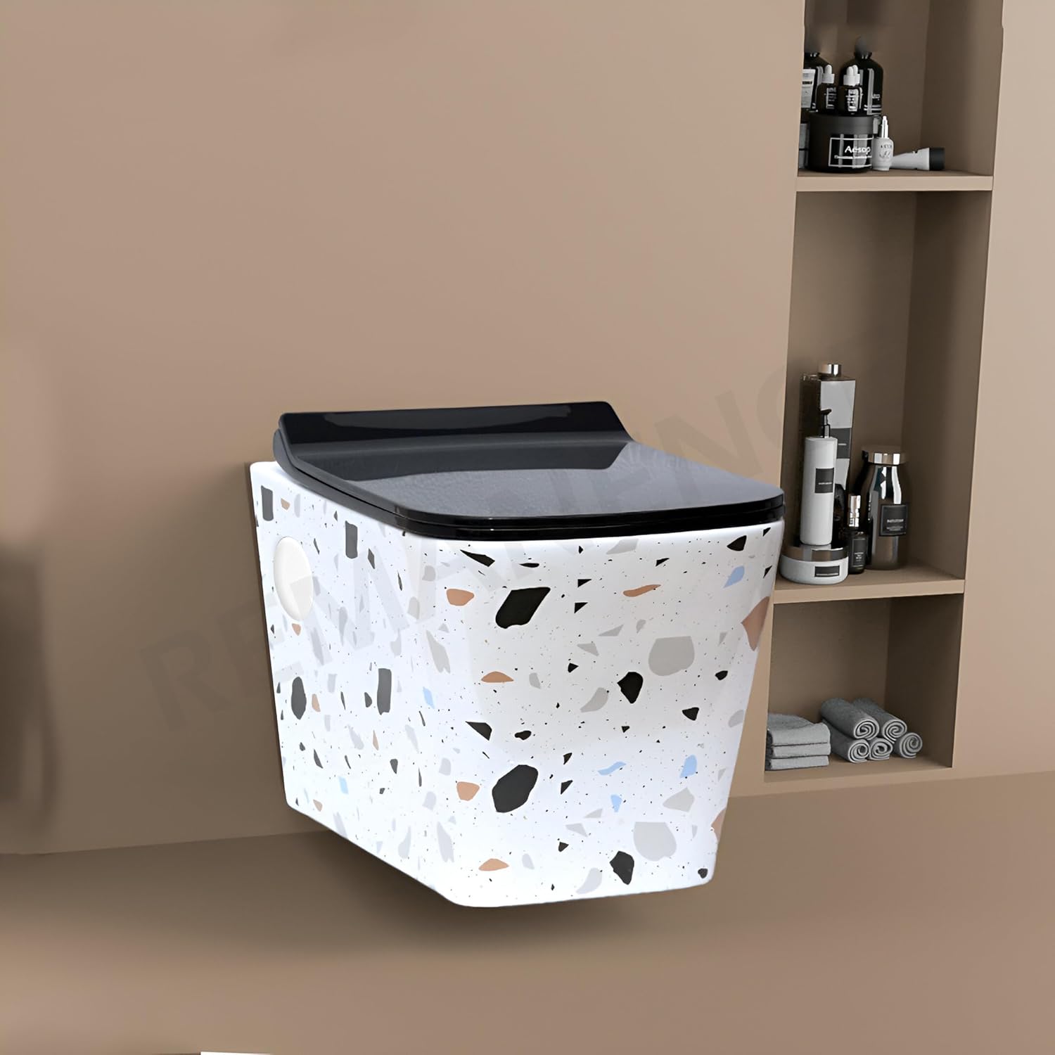 REMANENCE Ceramic Moroccan Design Wall Mount Commode with Soft Close Seat Cover (51D x 35.5W x 33.5H Centimeters)-RWH02