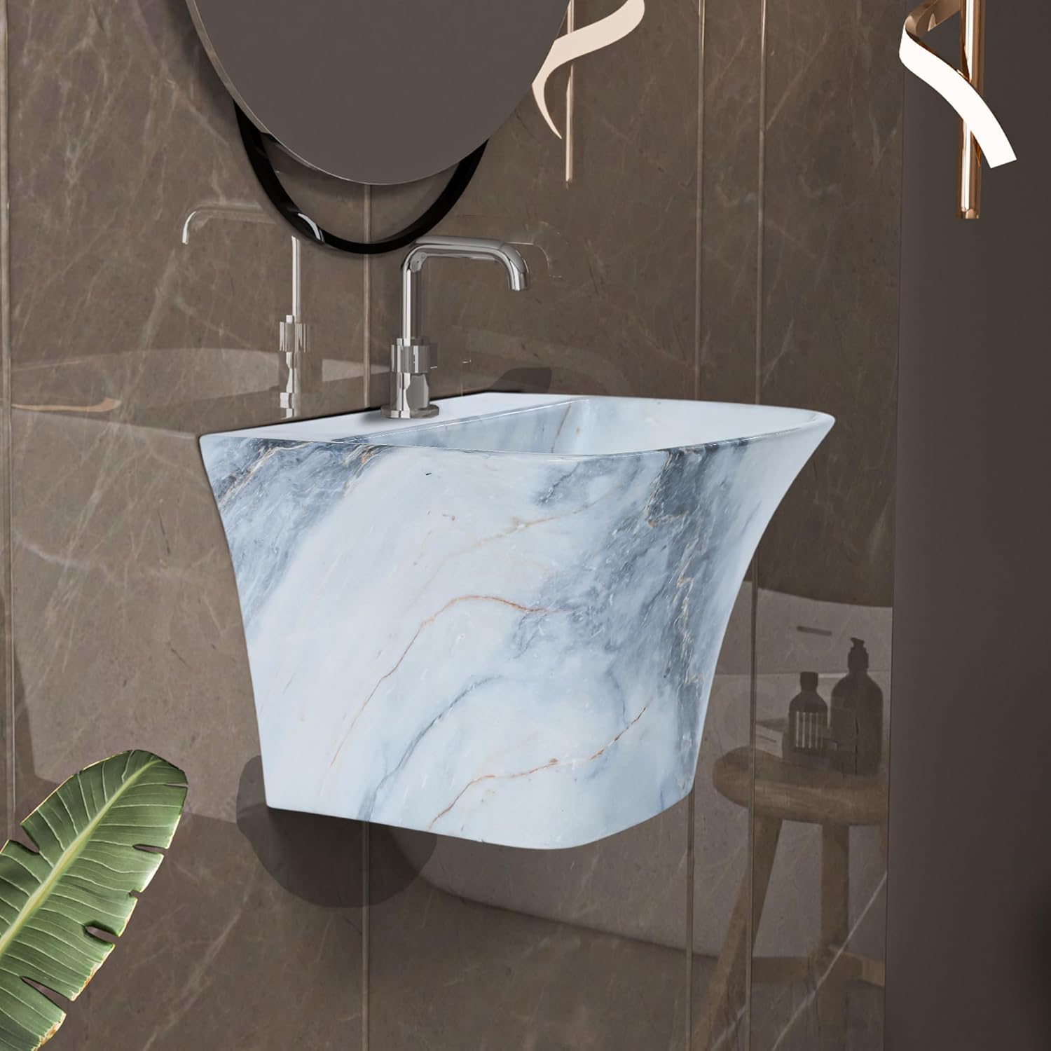 REMANENCE-RION Designer Wall Mount Half Pedestal Wash Basin for Bathroom, Restaurant, Hotels (Designer Blue)