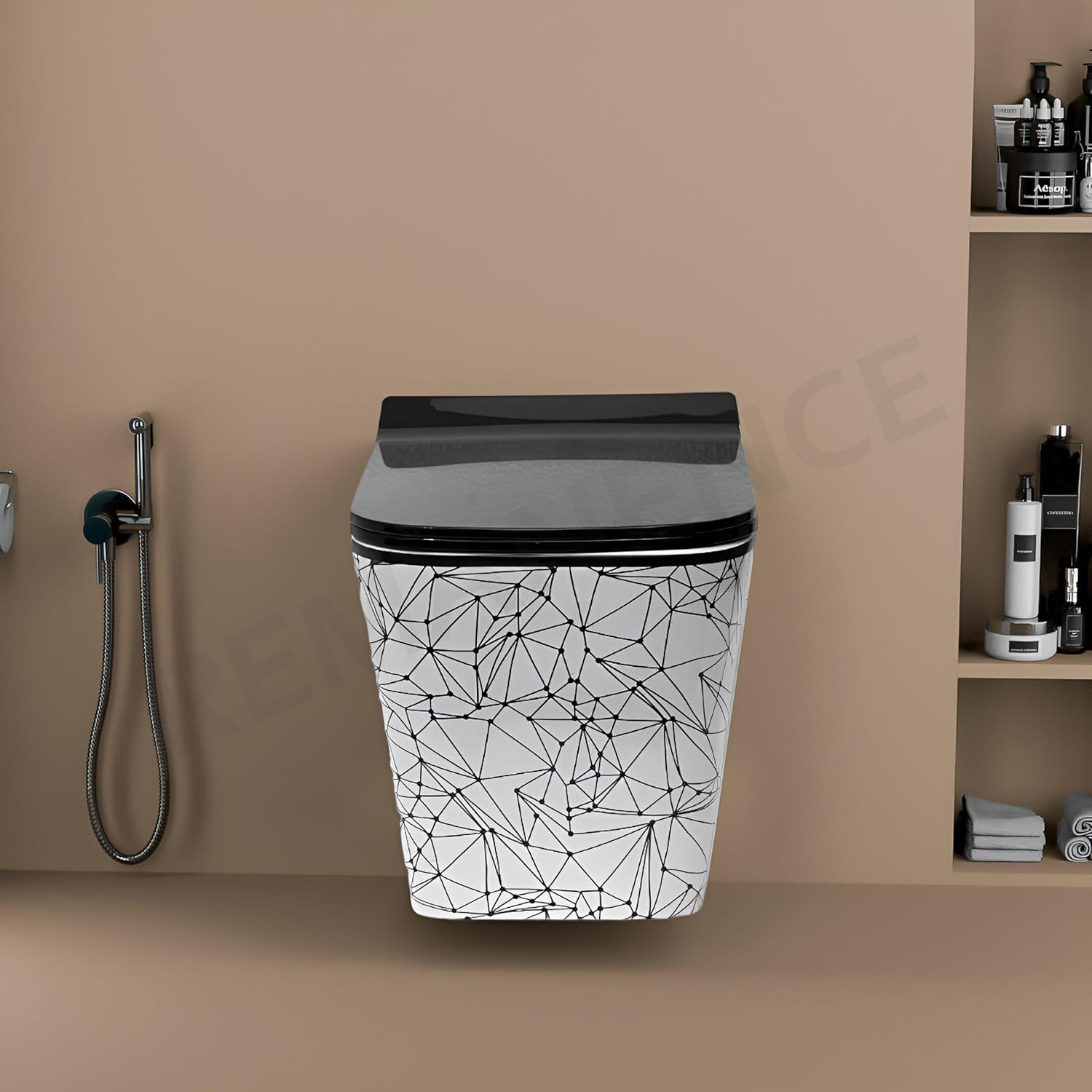 REMANENCE Ceramic Moroccan Design Wall Mount Commode with Soft Close Seat Cover (51D x 35.5W x 33.5H Centimeters)-RWH03