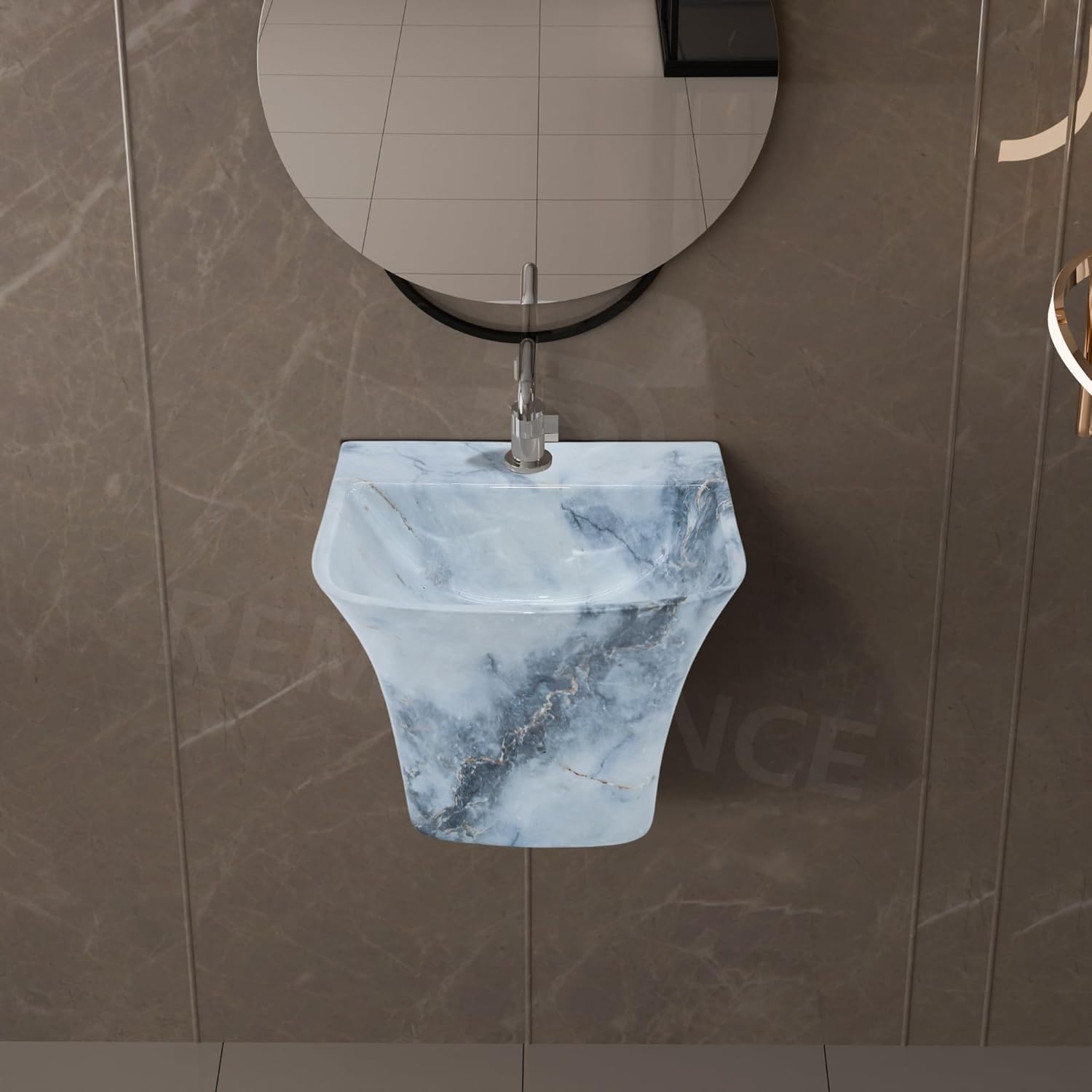 REMANENCE-RION Designer Wall Mount Half Pedestal Wash Basin for Bathroom, Restaurant, Hotels (Designer Blue)