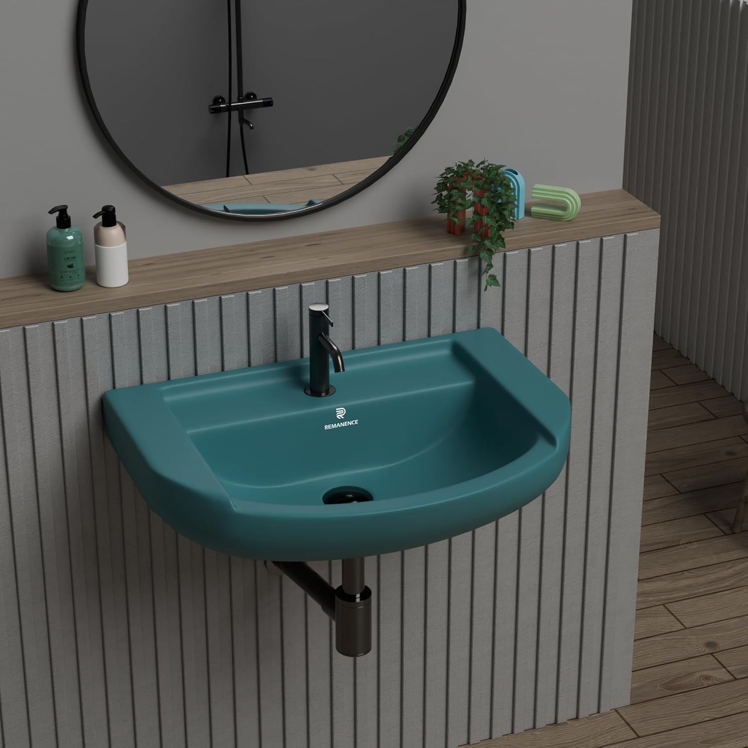 REMANENCE-GOLDEN Ceramic Wall Hung Corner Wash Basin for Bathroom (18.5 x 14 x 7.5 Inch)