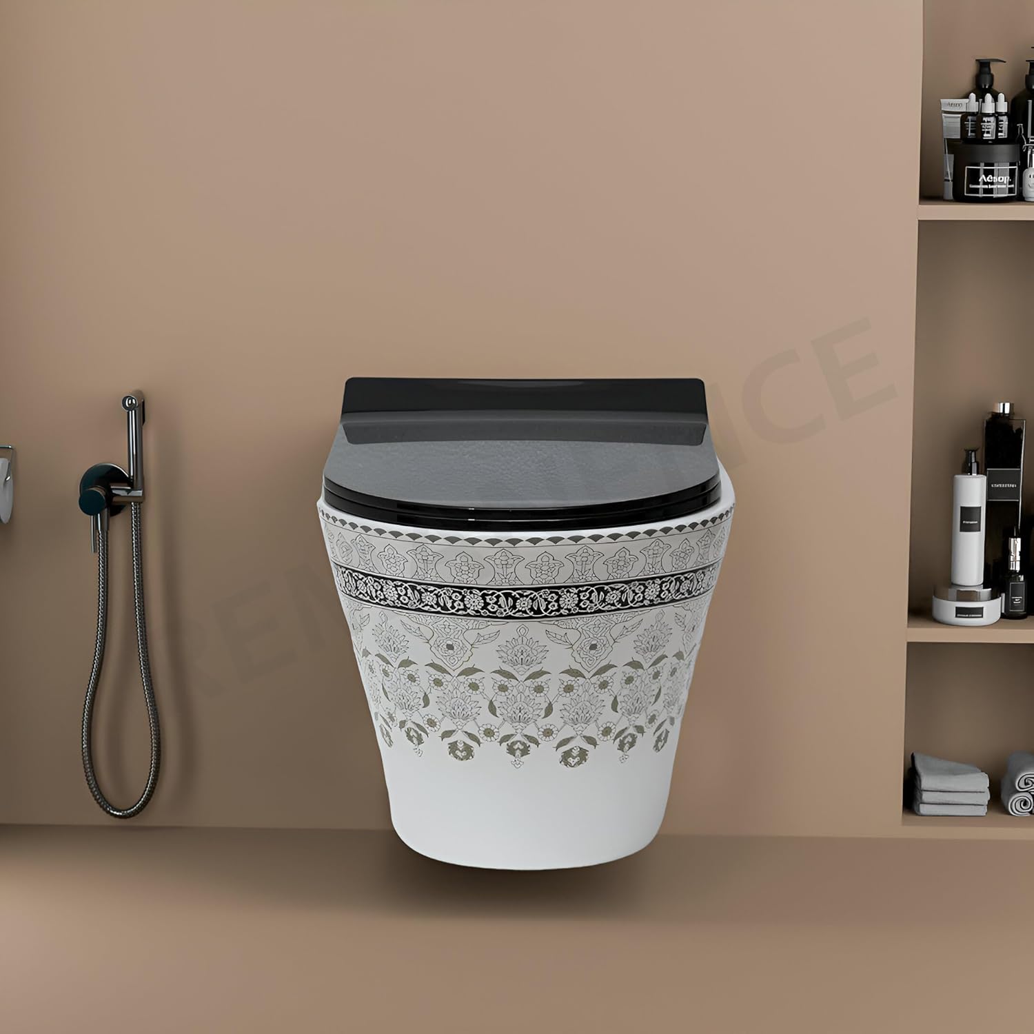 REMANENCE Ceramic Moroccan Design Wall Mount Commode with Soft Close Seat Cover (51.8 x 37 x 36 cm)-LWH06