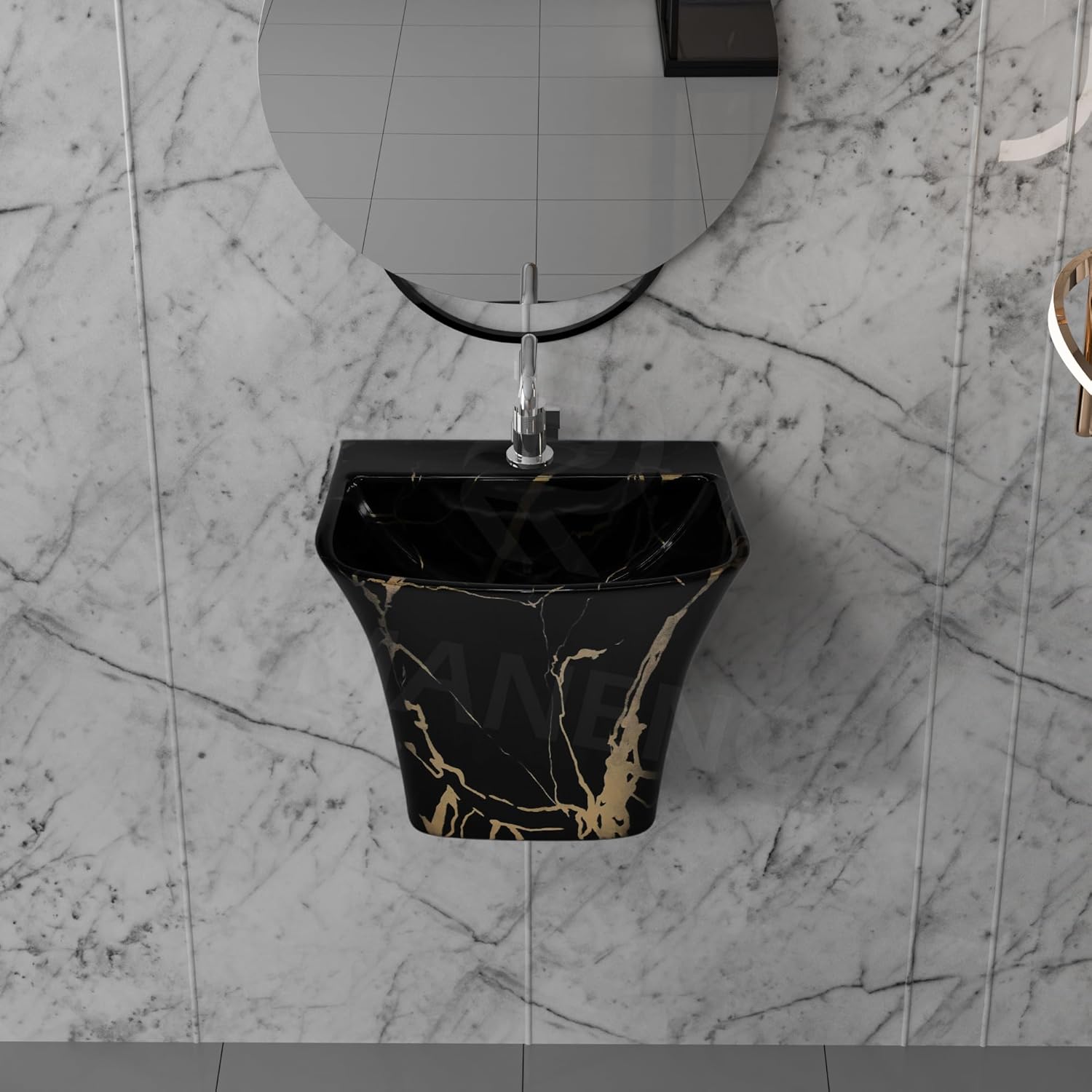 REMANENCE-RION Designer Wall Mount Half Pedestal Wash Basin for Bathroom, Restaurant, Hotels (Black Gold Jelly)