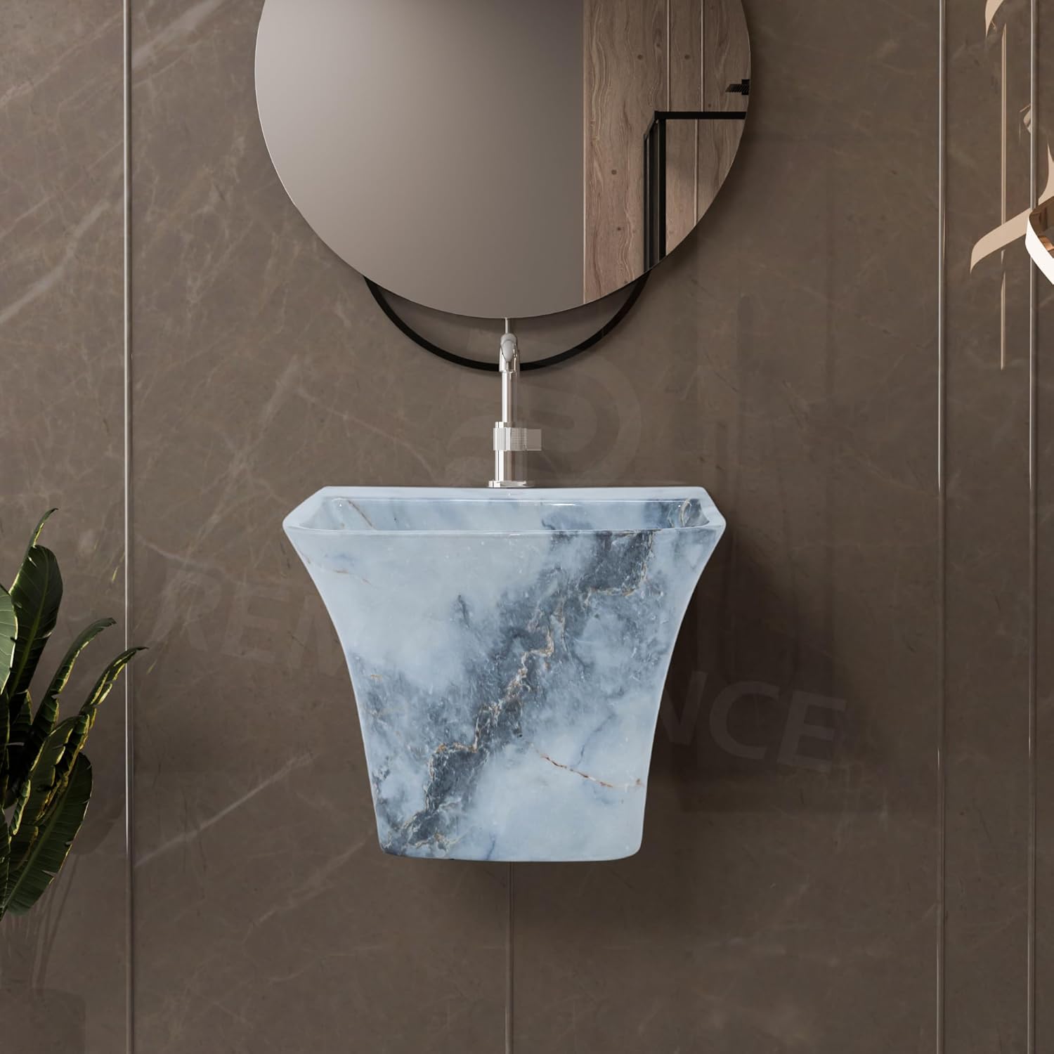 REMANENCE-RION Designer Wall Mount Half Pedestal Wash Basin for Bathroom, Restaurant, Hotels (Designer Blue)