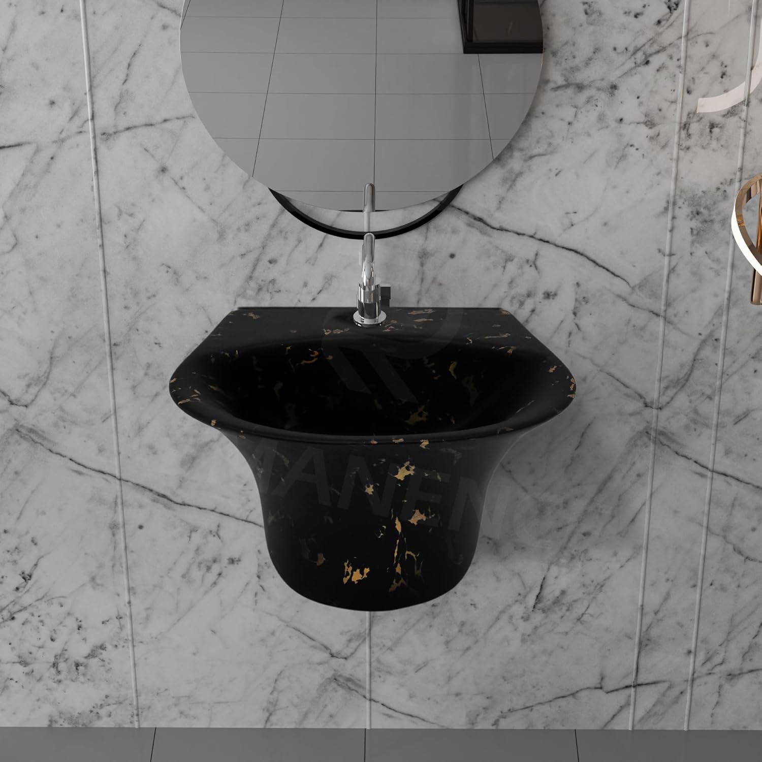REMANENCE-RICH Luxury Wall Mount Half Pedestal Wash Basin for Bathroom (Black Gold Spot)