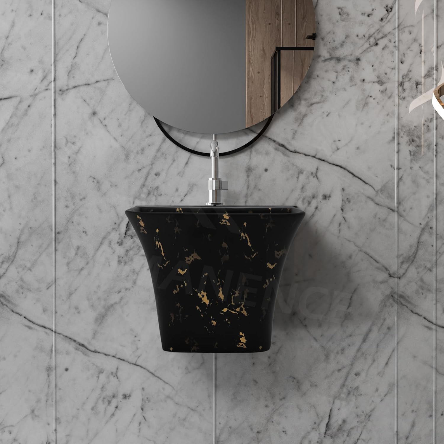 REMANENCE-RION Designer Wall Mount Half Pedestal Wash Basin for Bathroom, Restaurant, Hotels (Black Gold Spot)