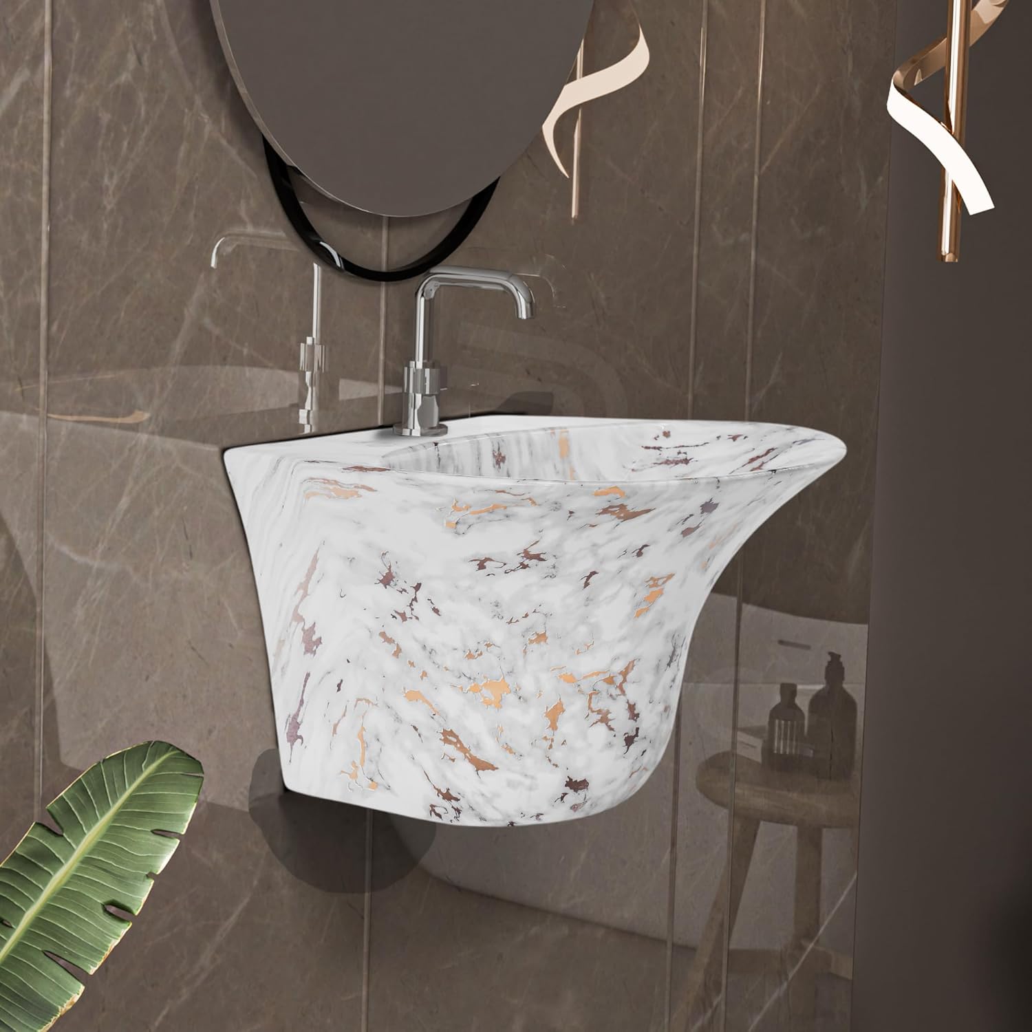 REMANENCE-RICH Luxury Wall Mount Half Pedestal Wash Basin for Bathroom (White Gold Spot)