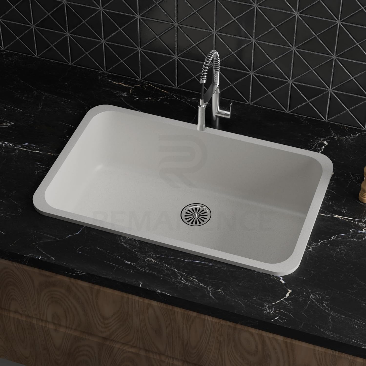 REMANENCE Granite Quartz Single Bowl Matte Finish Kitchen Sink With Drainer Basket (31 x 19 x 9 Inch) (Grey Stone)