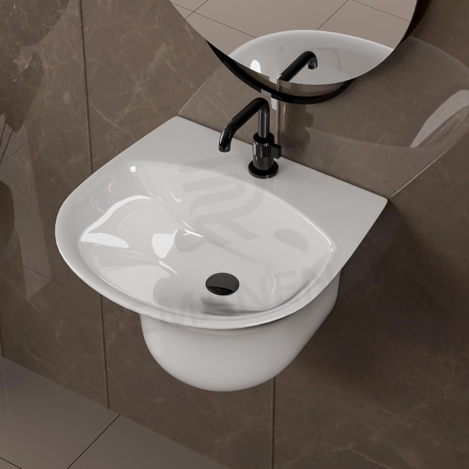 REMANENCE-RICH Luxury Wall Mount Half Pedestal Wash Basin for Bathroom (Glossy White)