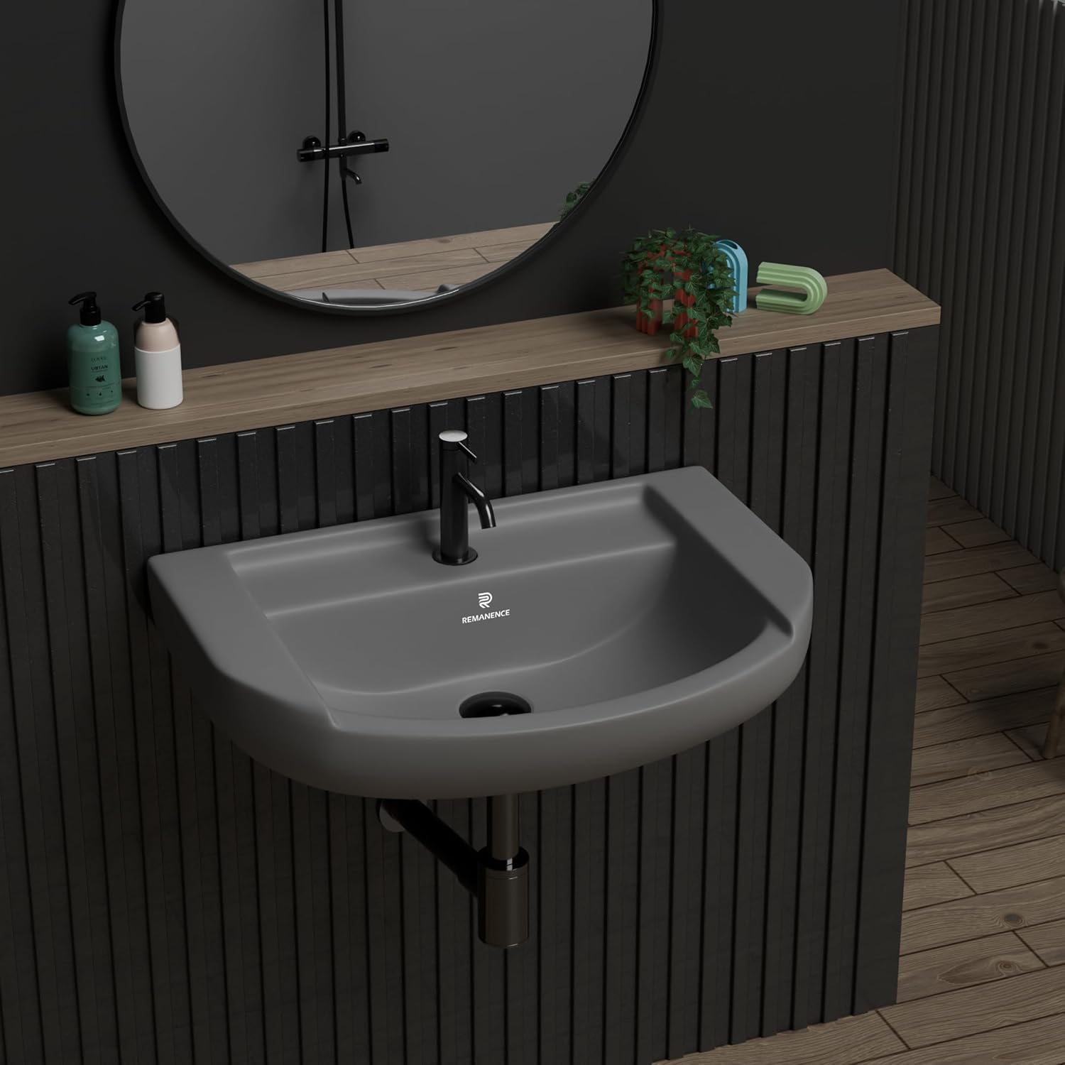 REMANENCE-GOLDEN Ceramic Wall Hung Corner Wash Basin for Bathroom (18.5 x 14 x 7.5 Inch)