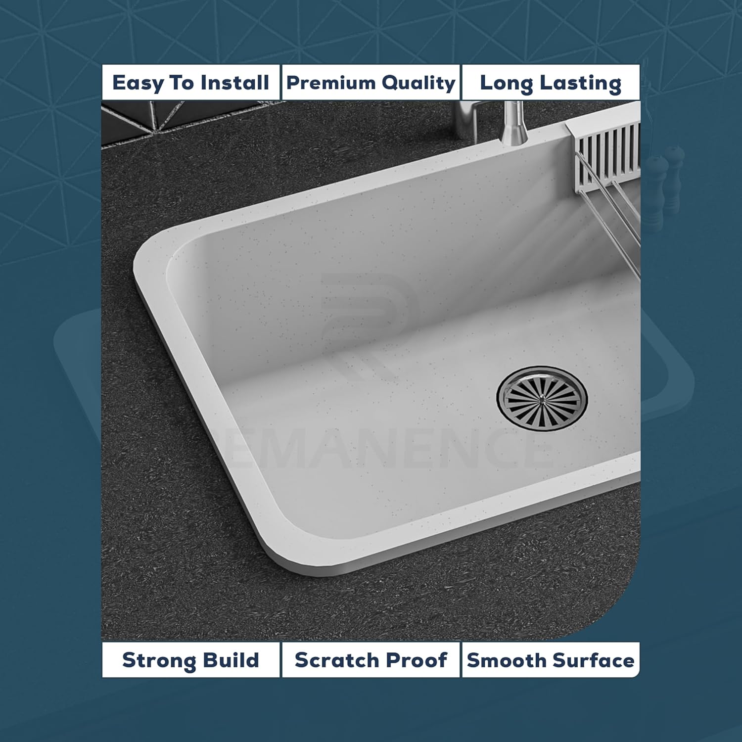 REMANENCE Granite Quartz Single Bowl Matte Finish Kitchen Sink With Drainer Basket (31 x 19 x 9 Inch) (White Dot)
