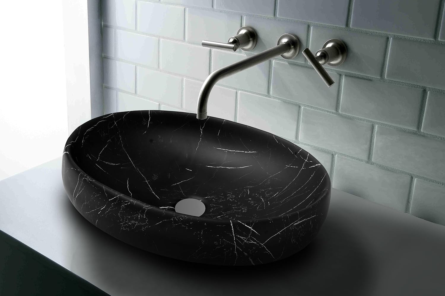 REMANENCE Ceramic Countertop Wash Basin for Designer Bathroom, Boutique Hotels, Luxury Homes (24 x 15 x 6 Inch) (Matte Black N White Strip)