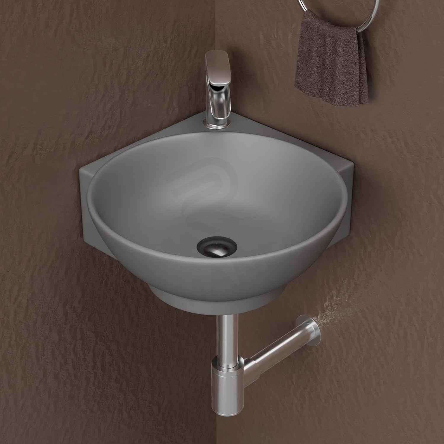 REMANENCE-ROUND Ceramic Wall Mounted Small Corner Wash Basin for Bathroom (16.3 x 13.8 x 4.3 Inch)