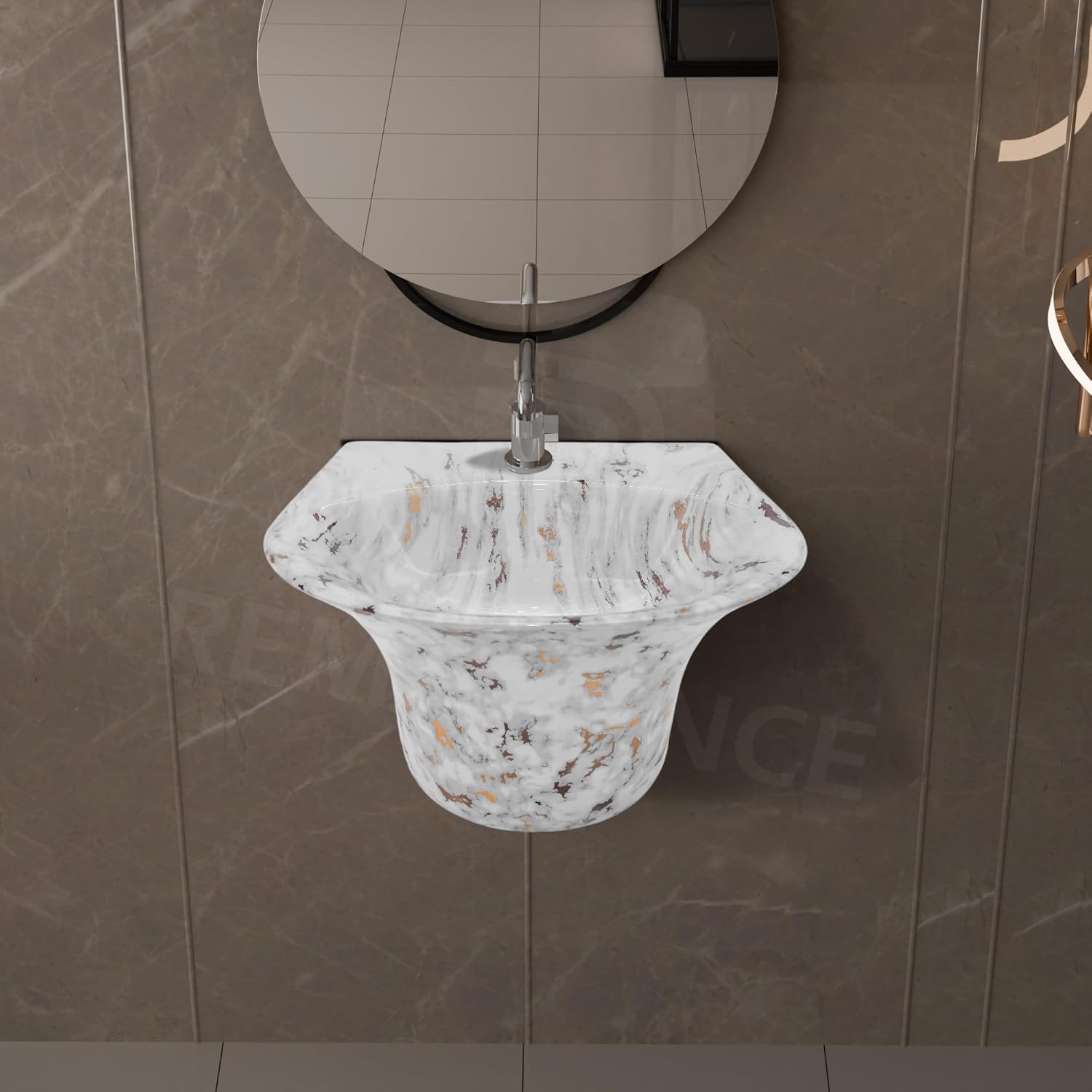 REMANENCE-RICH Luxury Wall Mount Half Pedestal Wash Basin for Bathroom (White Gold Spot)