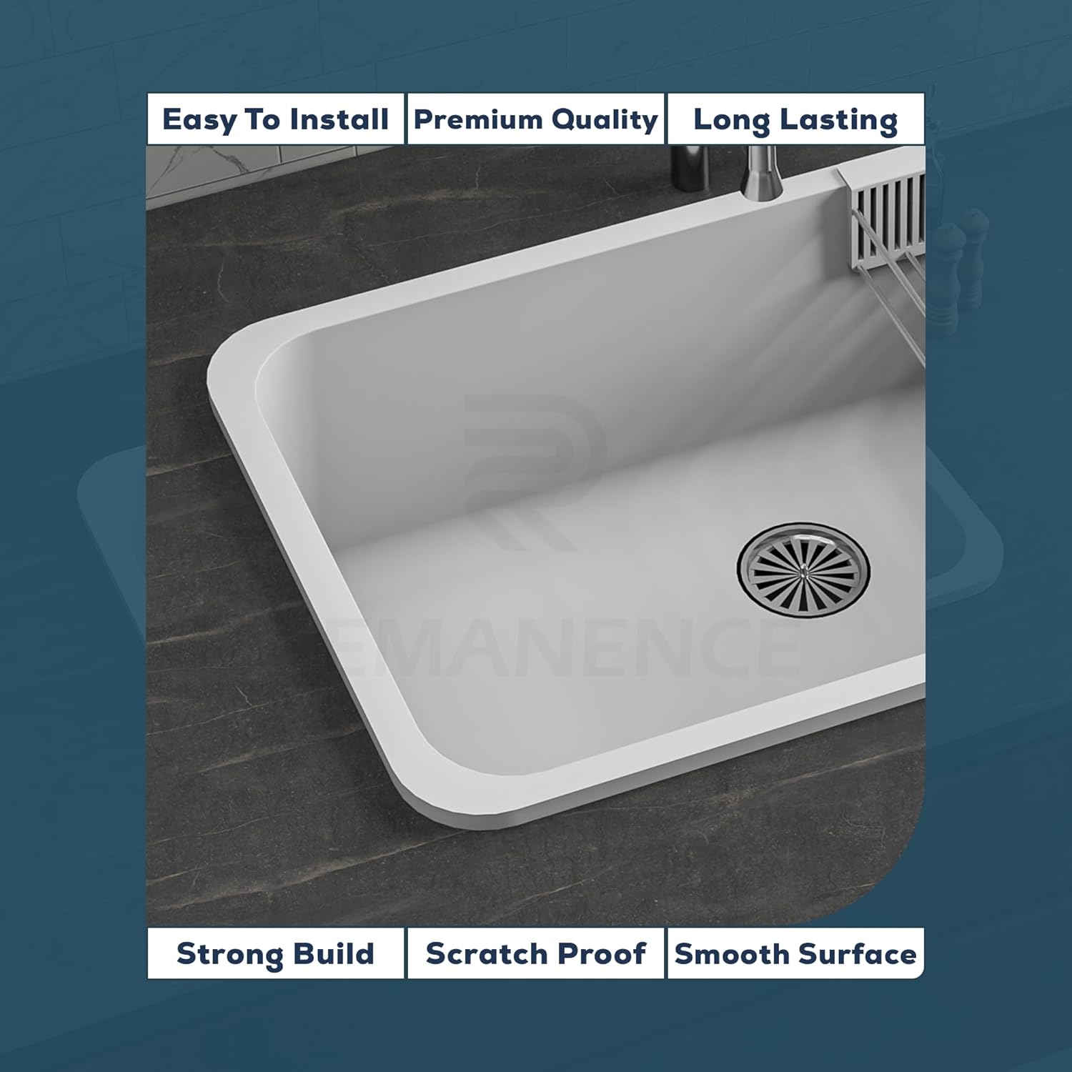 REMANENCE Granite Quartz Single Bowl Matte Finish Kitchen Sink With Drainer Basket (31 x 19 x 9 Inch) (White)