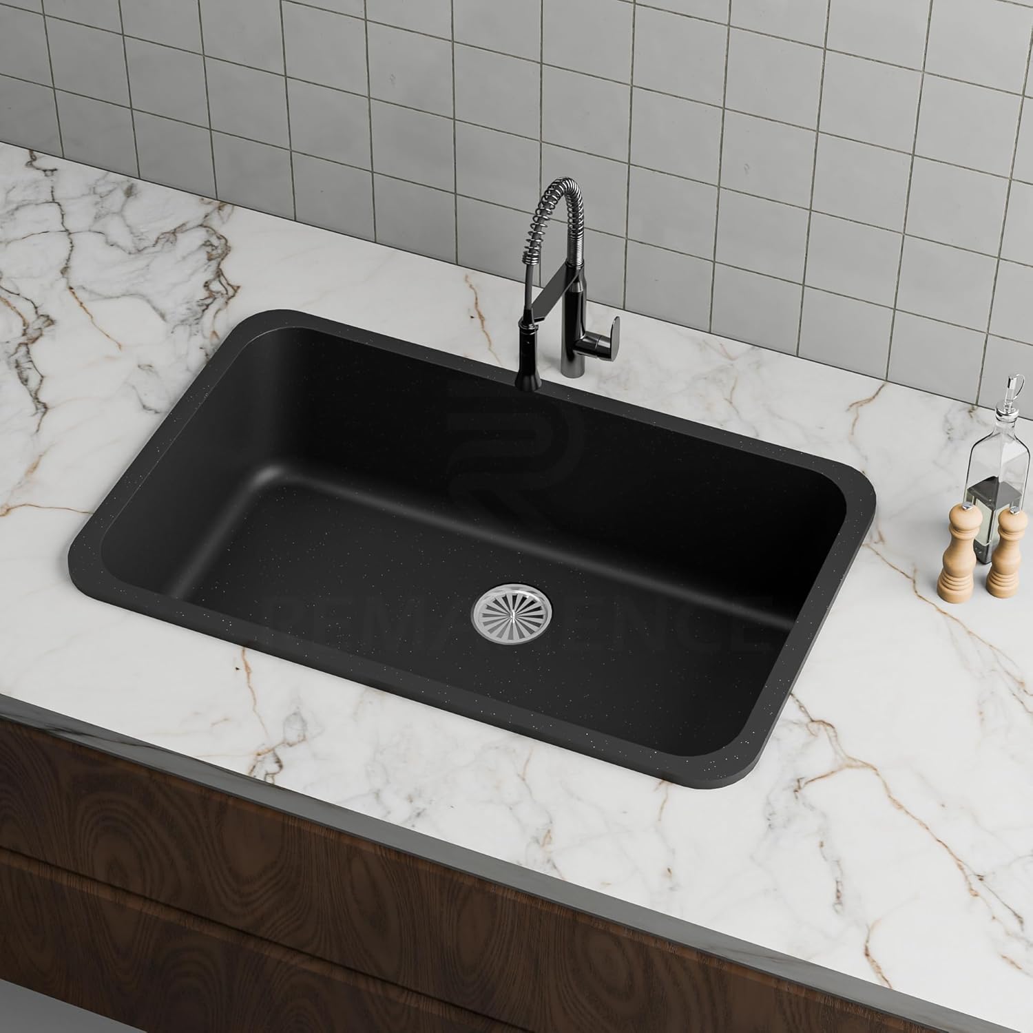 REMANENCE Granite Quartz Single Bowl Matte Finish Kitchen Sink With Drainer Basket (31 x 19 x 9 Inch) (Black)