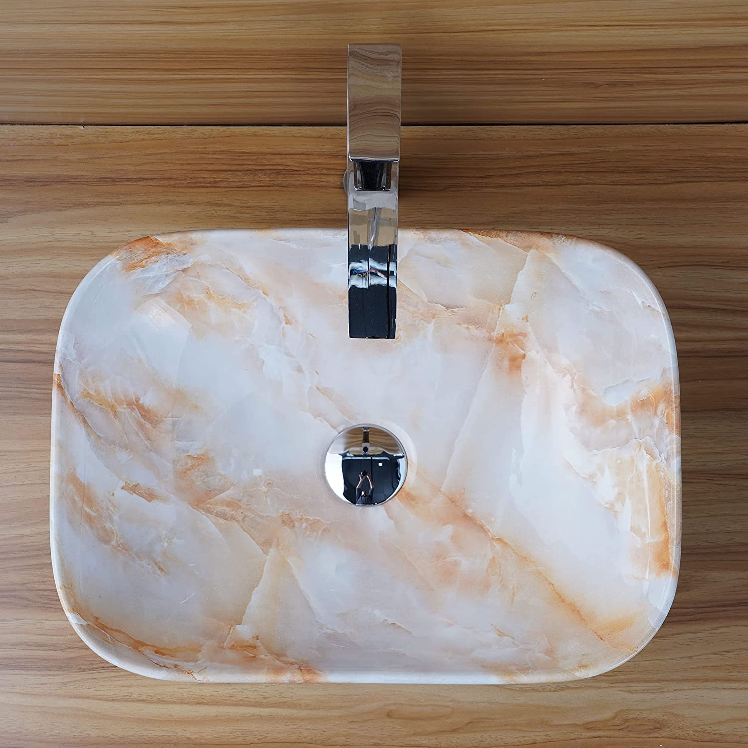 REMANENCE Designer Premium Table Top Wash Basin for Designer Showrooms, Fine-Dining Establishments, Upscale Hospitality Venues (18 x 13 x 5.5 Inch) (White-Cream Strip)