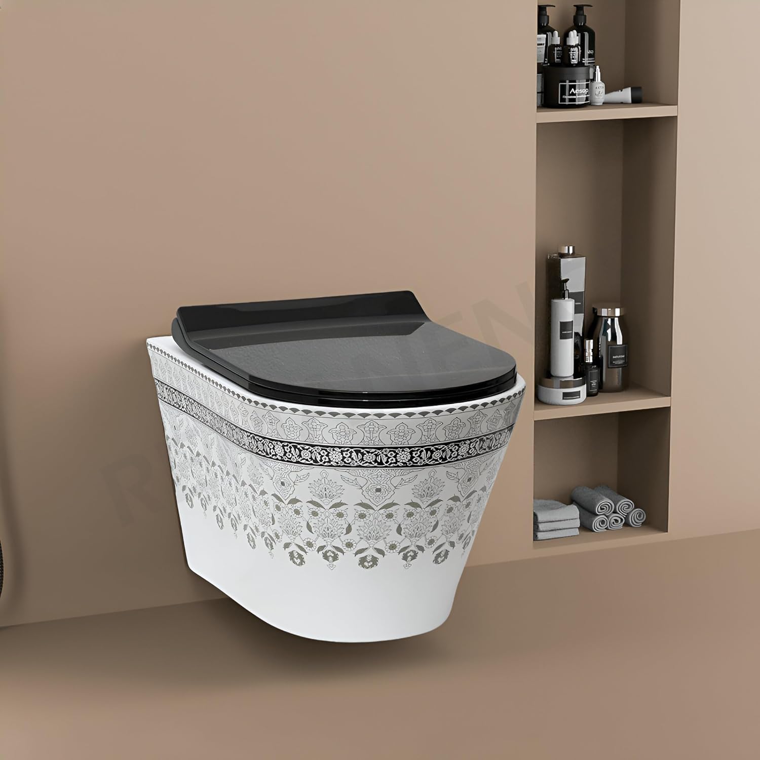 REMANENCE Ceramic Moroccan Design Wall Mount Commode with Soft Close Seat Cover (51.8 x 37 x 36 cm)-LWH06