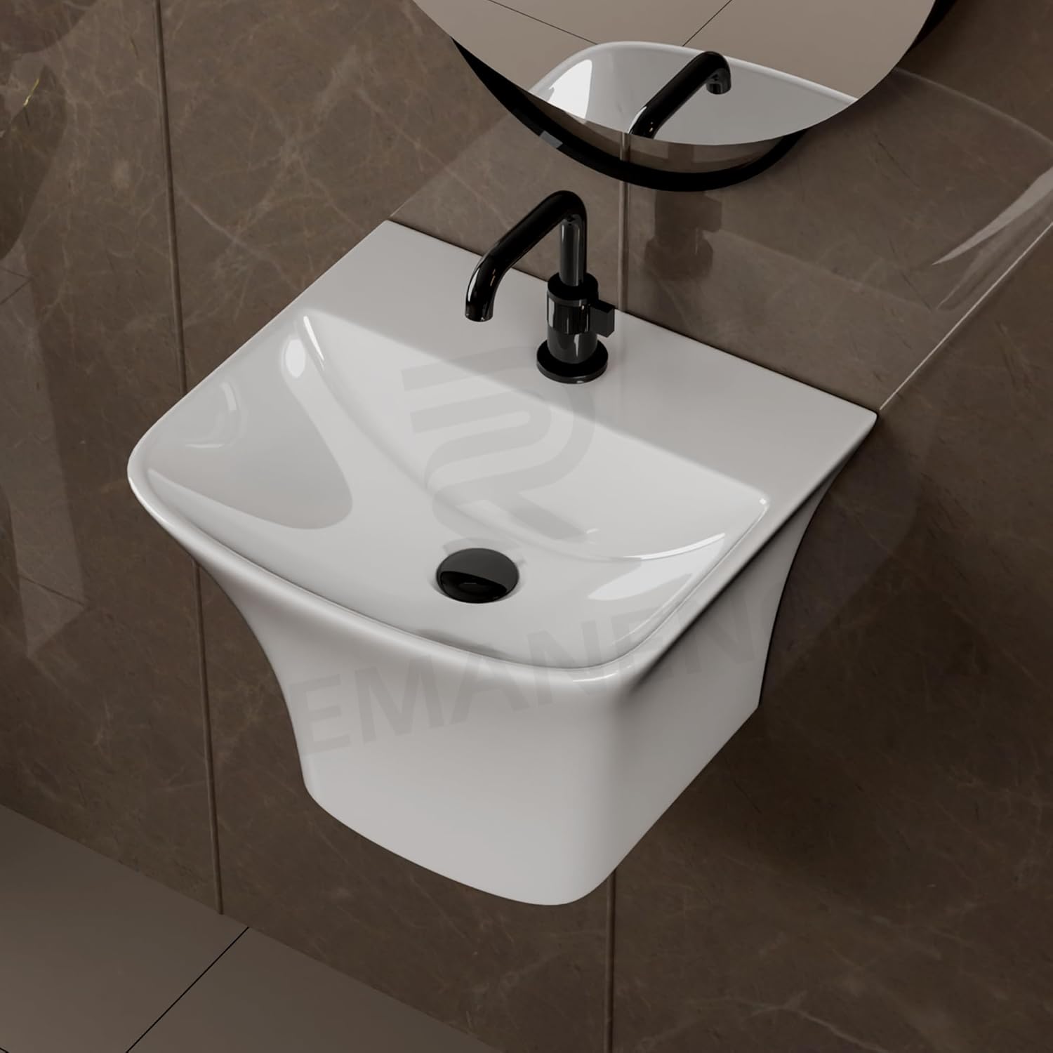 REMANENCE-RION Luxury Wall Mount Half Pedestal Wash Basin for Bathroom, Restaurant, Hotels (Glossy White)