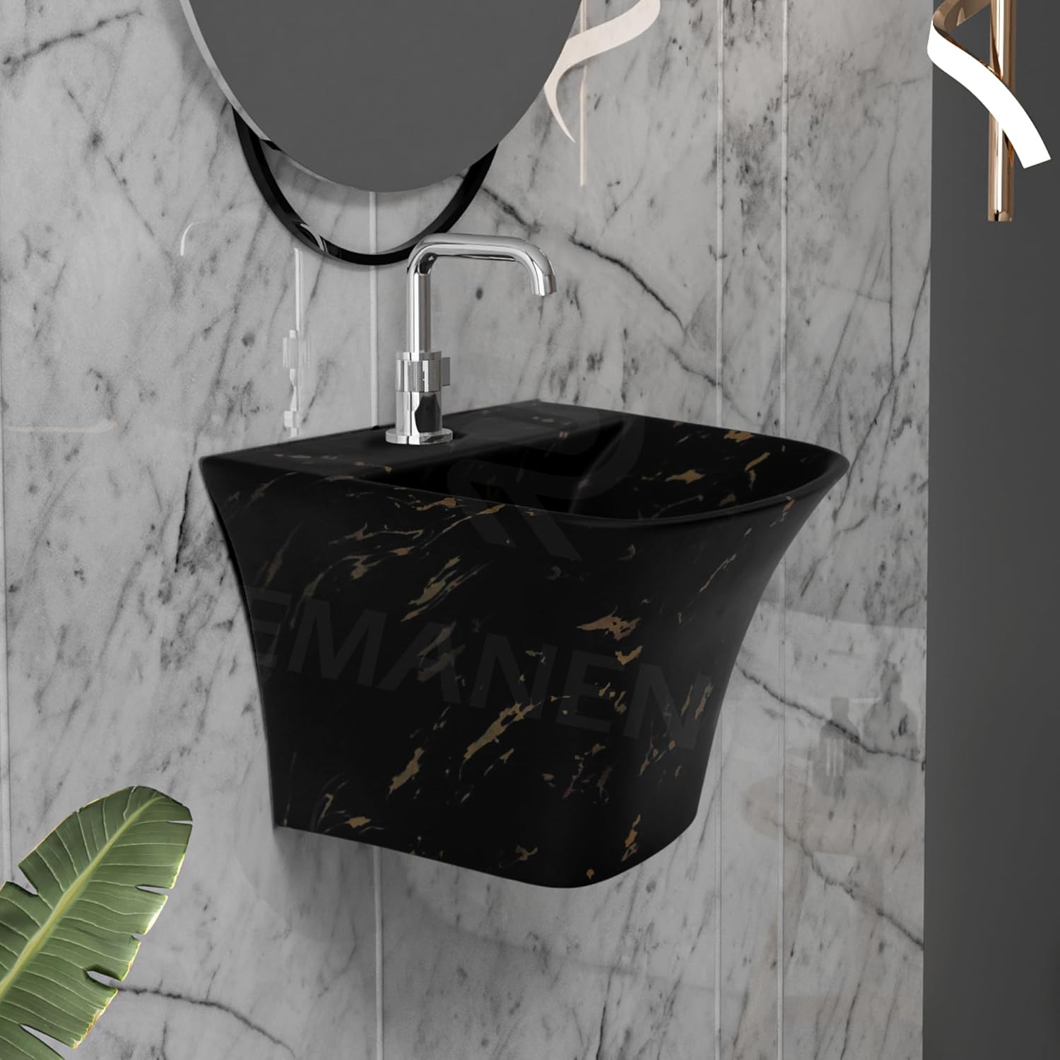 REMANENCE-RION Designer Wall Mount Half Pedestal Wash Basin for Bathroom, Restaurant, Hotels (Black Gold Spot)