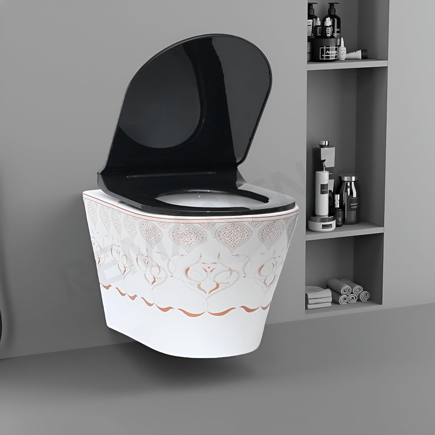 REMANENCE Ceramic Moroccan Design Wall Mount Commode with Soft Close Seat Cover (51.8 x 37 x 36 Centimeters)-LWH07