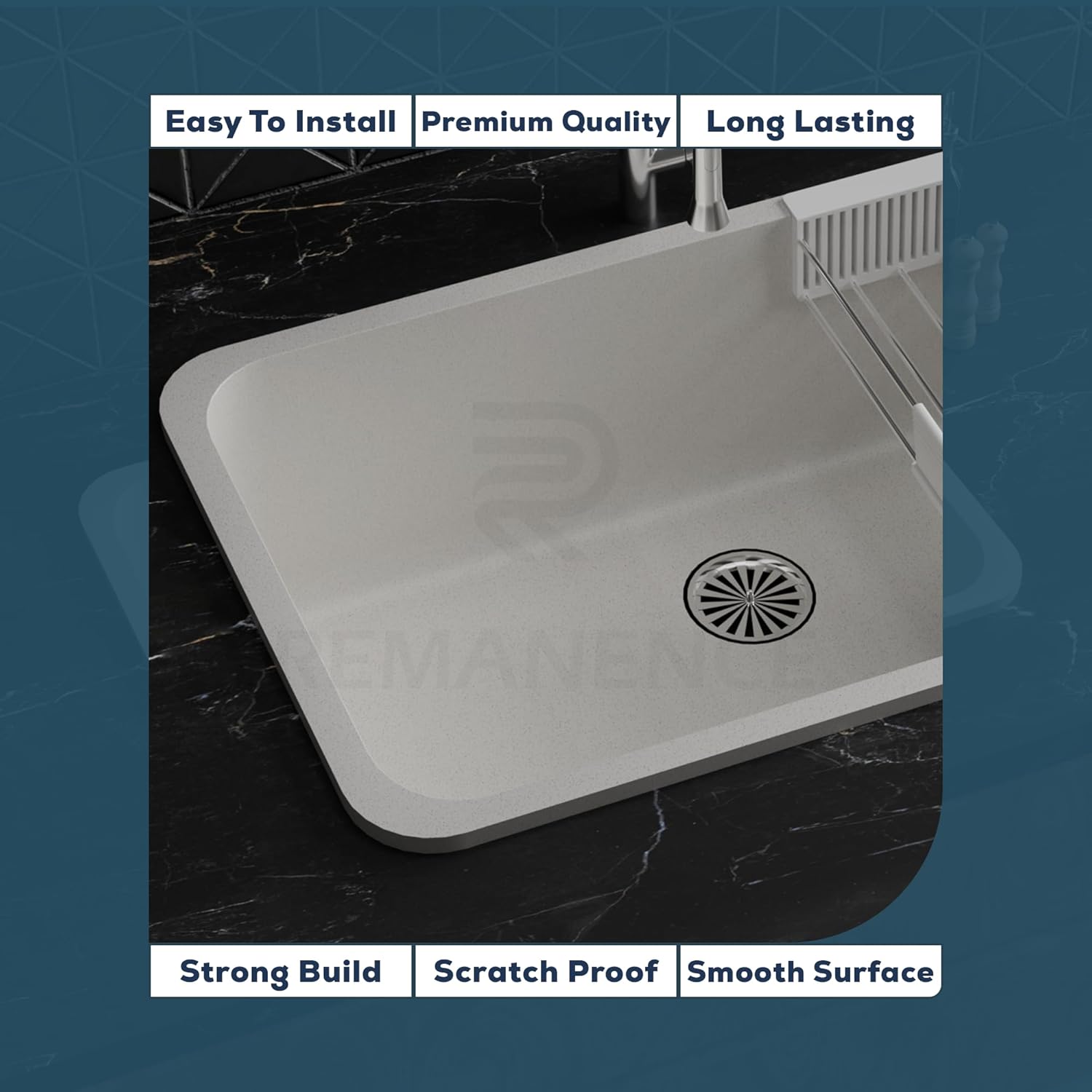 REMANENCE Granite Quartz Single Bowl Matte Finish Kitchen Sink With Drainer Basket (31 x 19 x 9 Inch) (Grey Stone)
