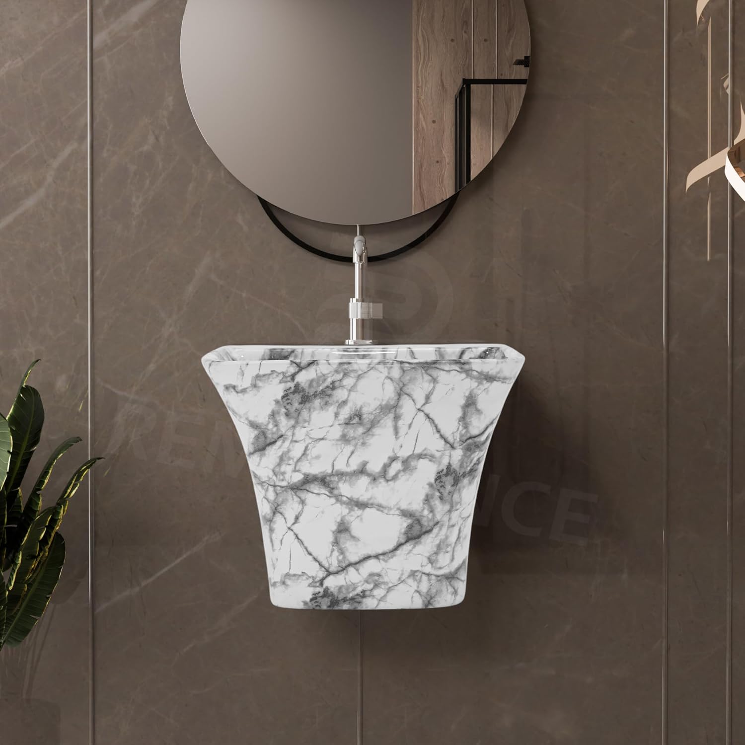 REMANENCE-RION Designer Wall Mount Half Pedestal Wash Basin for Bathroom, Restaurant, Hotels (White Black Stripe)