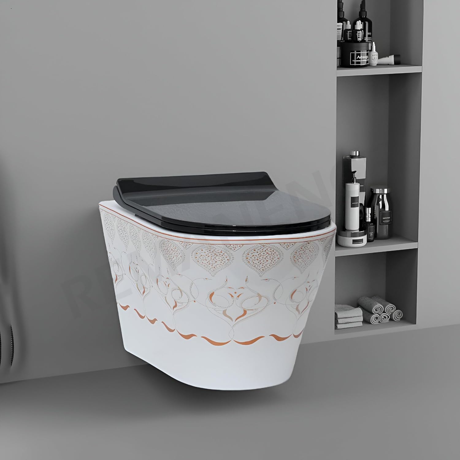 REMANENCE Ceramic Moroccan Design Wall Mount Commode with Soft Close Seat Cover (51.8 x 37 x 36 Centimeters)-LWH07