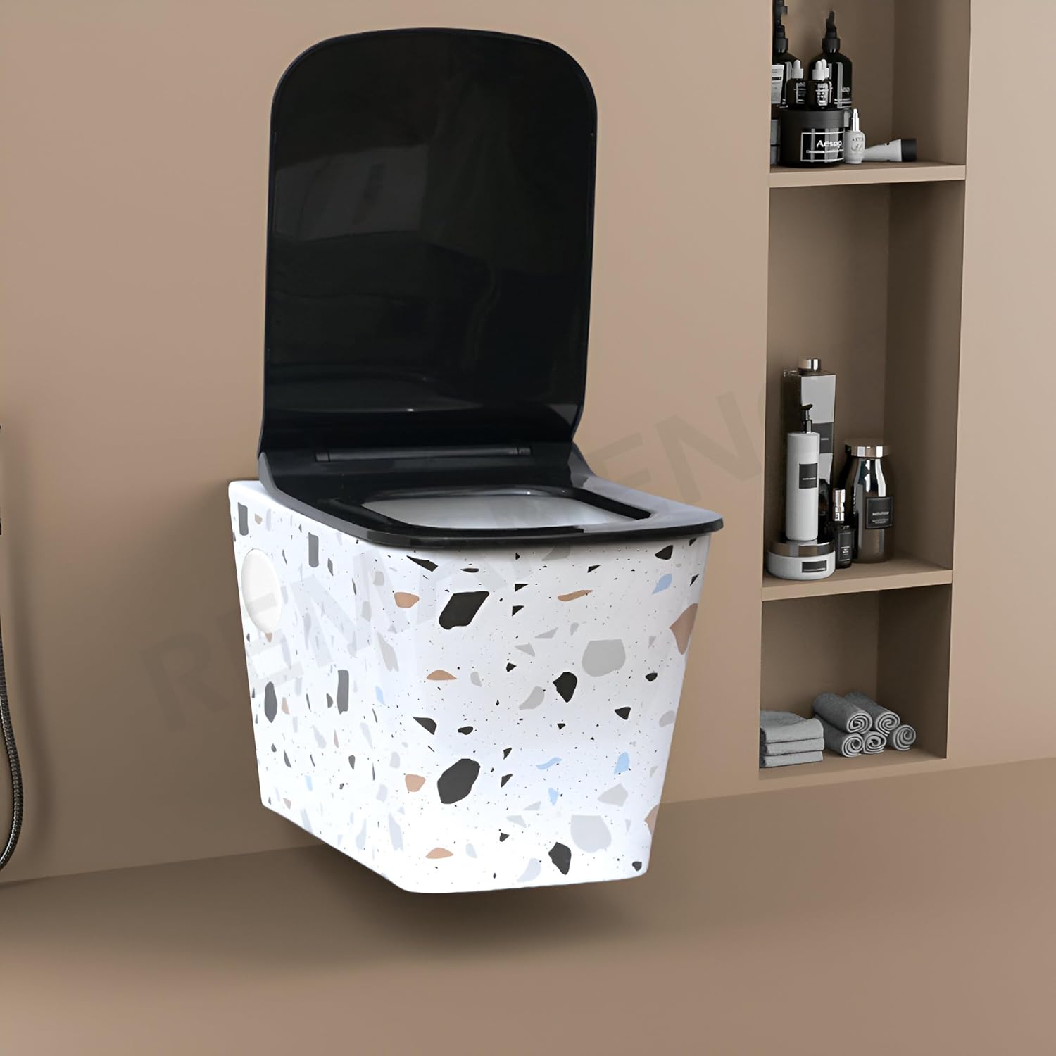 REMANENCE Ceramic Moroccan Design Wall Mount Commode with Soft Close Seat Cover (51D x 35.5W x 33.5H Centimeters)-RWH02