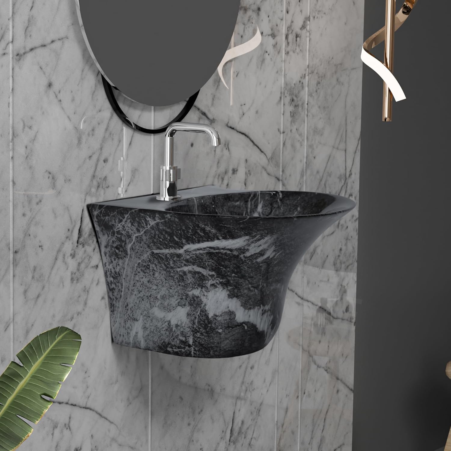 REMANENCE-RICH Luxury Wall Mount Half Pedestal Wash Basin for Bathroom (Black White Jelly)