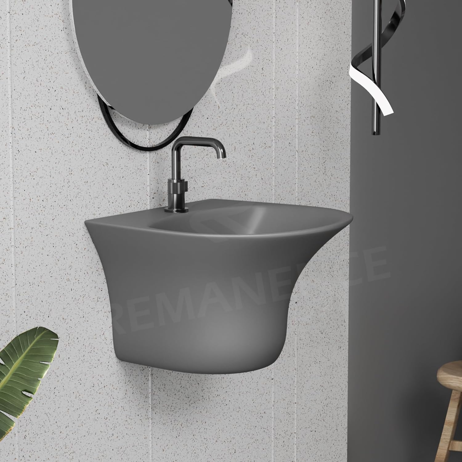 REMANENCE-RICH Luxury Wall Mount Half Pedestal Wash Basin for Bathroom (Matte Grey)
