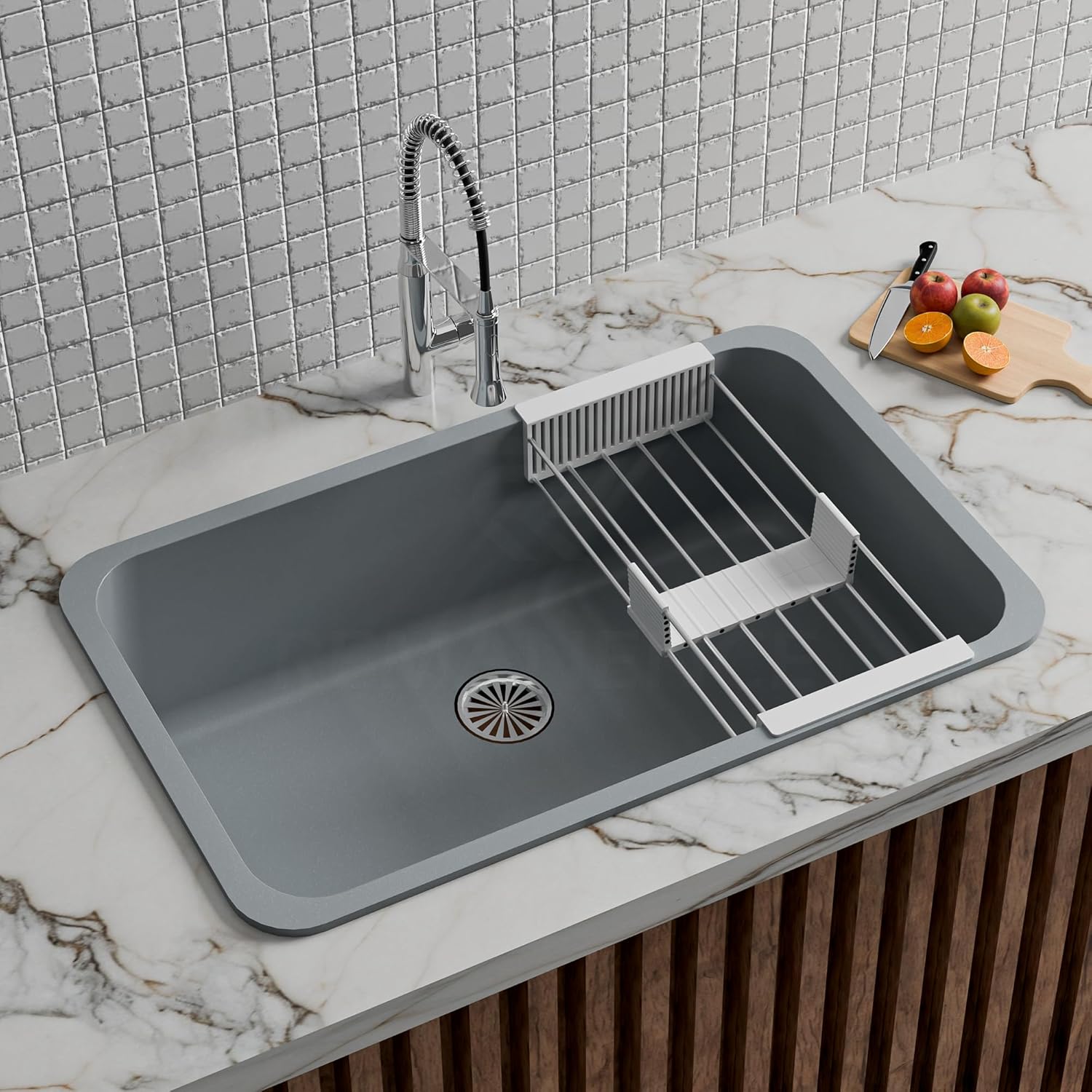 REMANENCE Granite Quartz Single Bowl Matte Finish Kitchen Sink With Drainer Basket (31 x 19 x 9 Inch) (Grey)