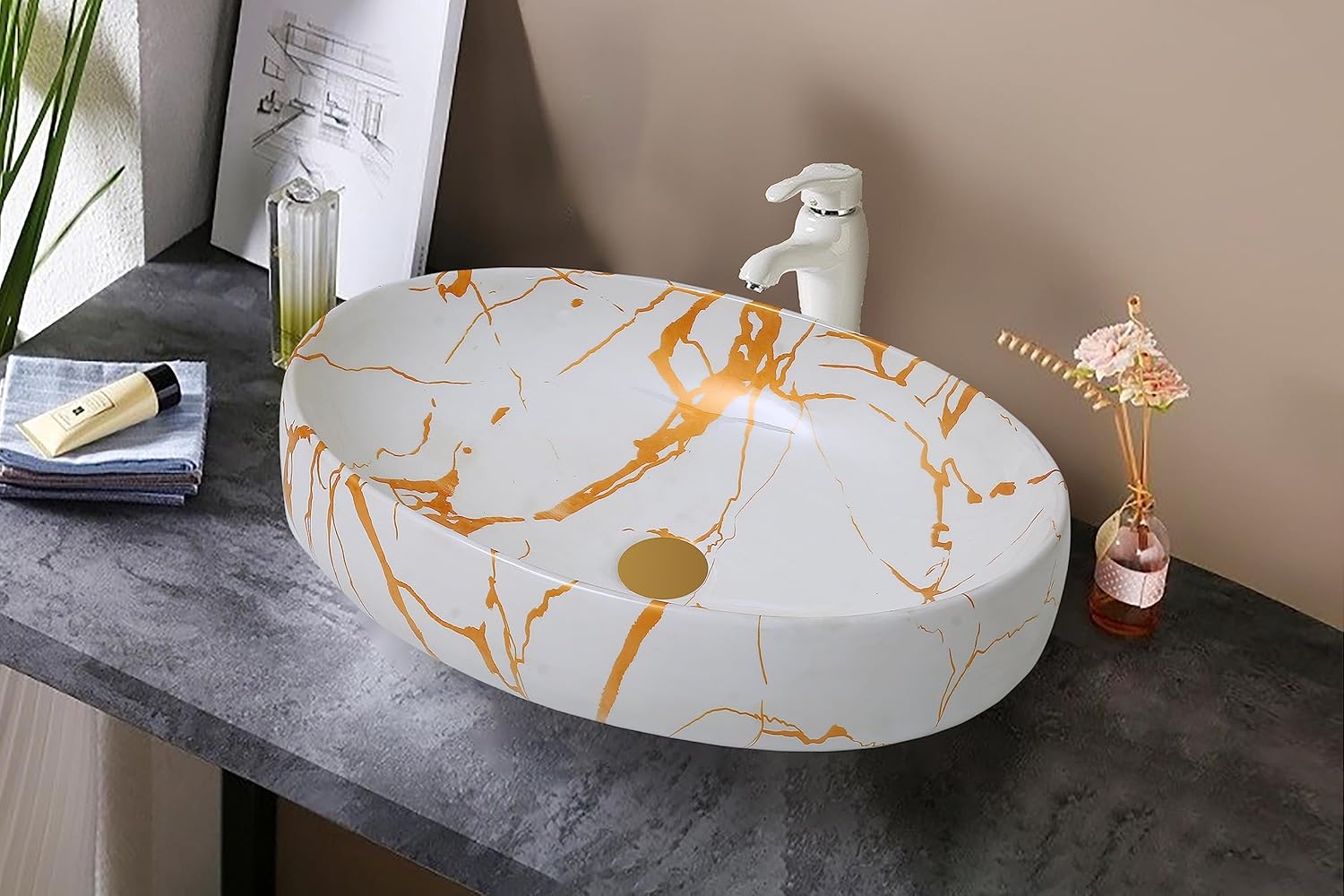 REMANENCE Ceramic Countertop Wash Basin for Designer Bathroom, Boutique Hotels, Luxury Homes (24 x 15 x 6 Inch) (White Gold)