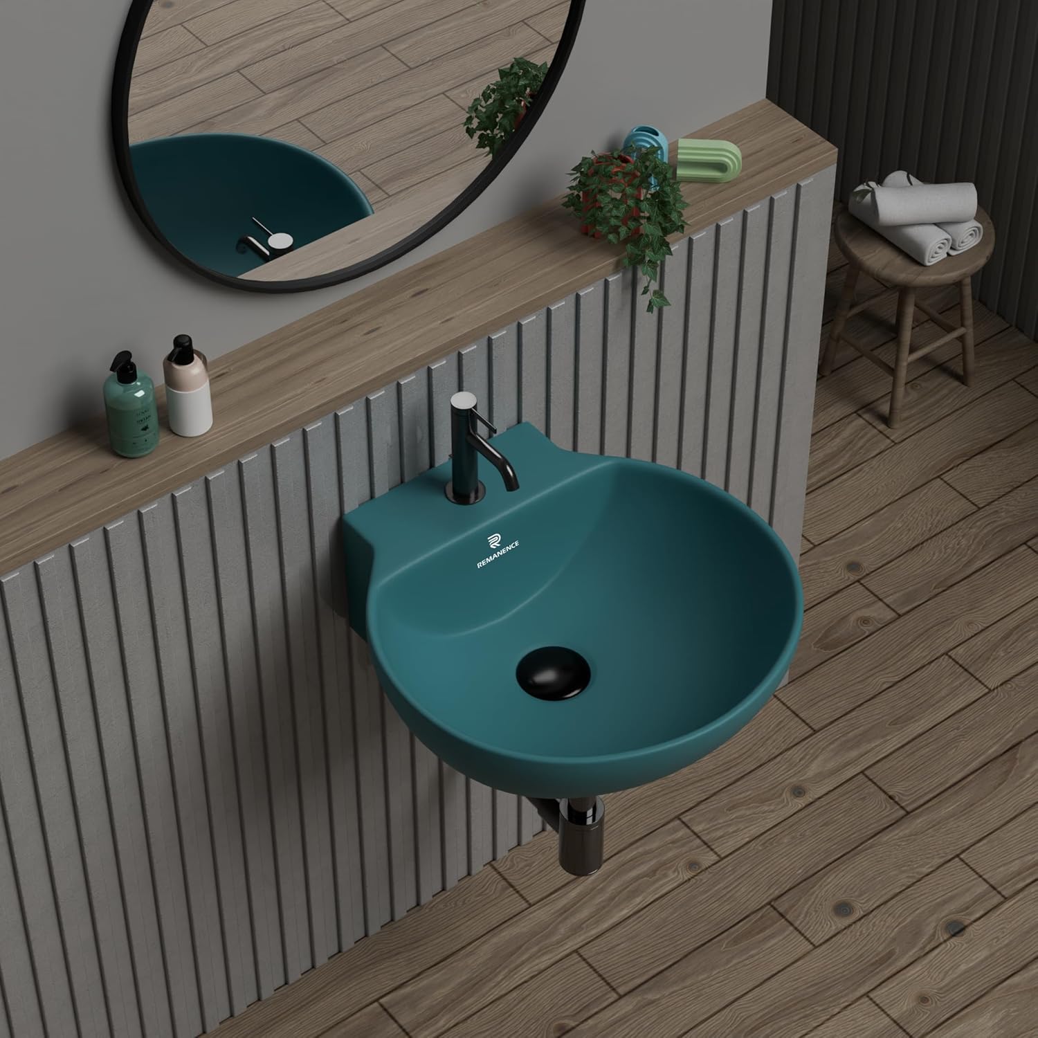 REMANENCE-NANO Ceramic Wall Hung Corner Wash Basin for Bathroom (12 x 12 x 5 Inch)