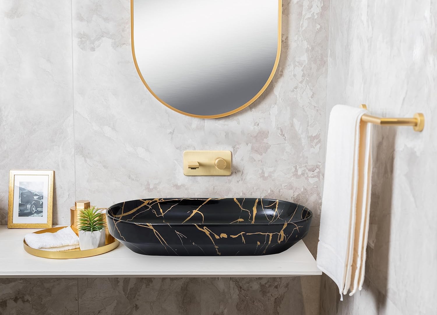 REMANENCE Premium Designer Countertop Wash Basin for Premium Restaurants & Cafés, Luxury Bathrooms, Boutique Hotels & Resorts (28 x 14 x 5.5 Inch) (Black Gold)